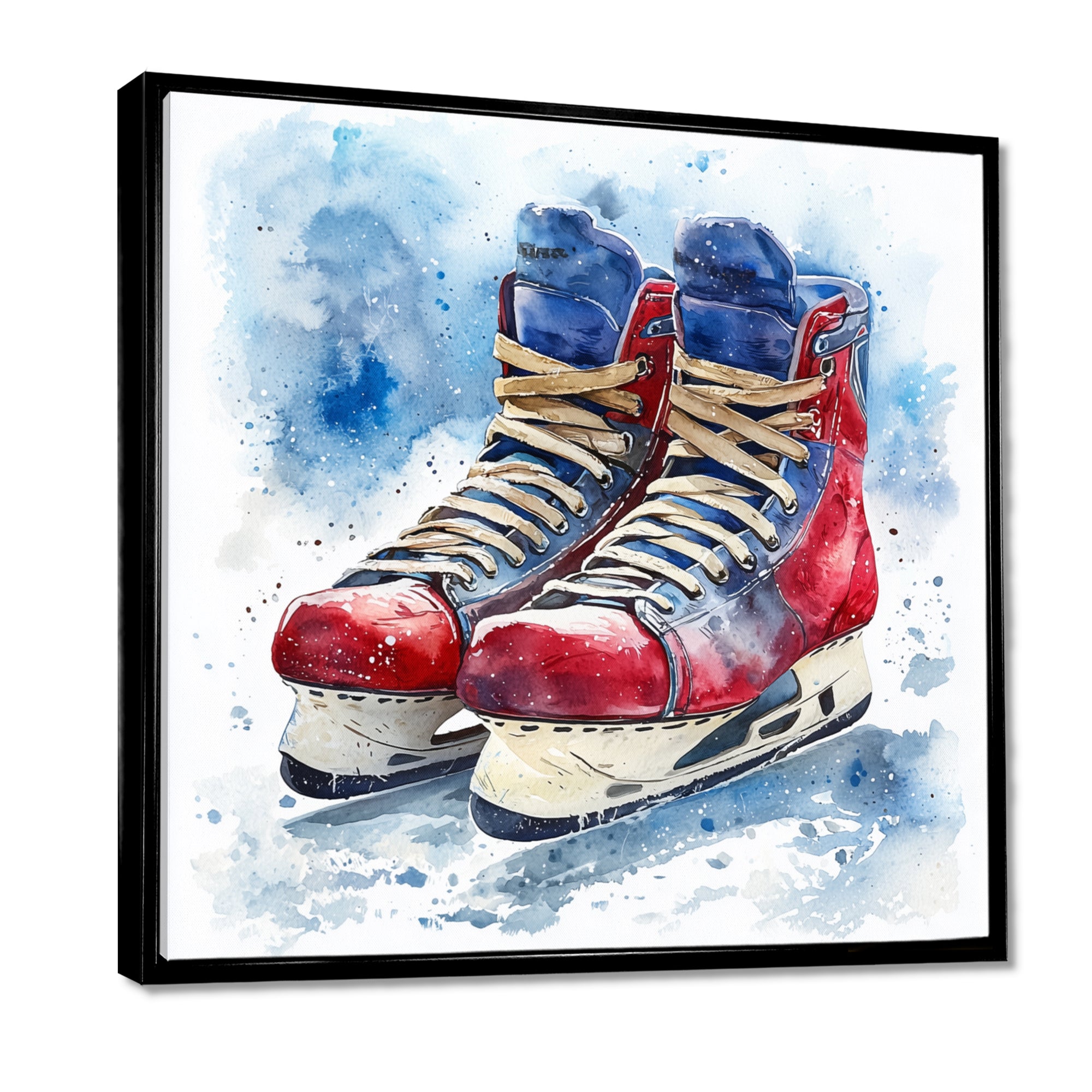 Red Blue Watercolor Hockey Skates - Sport Hockey Canvas Wall Art
