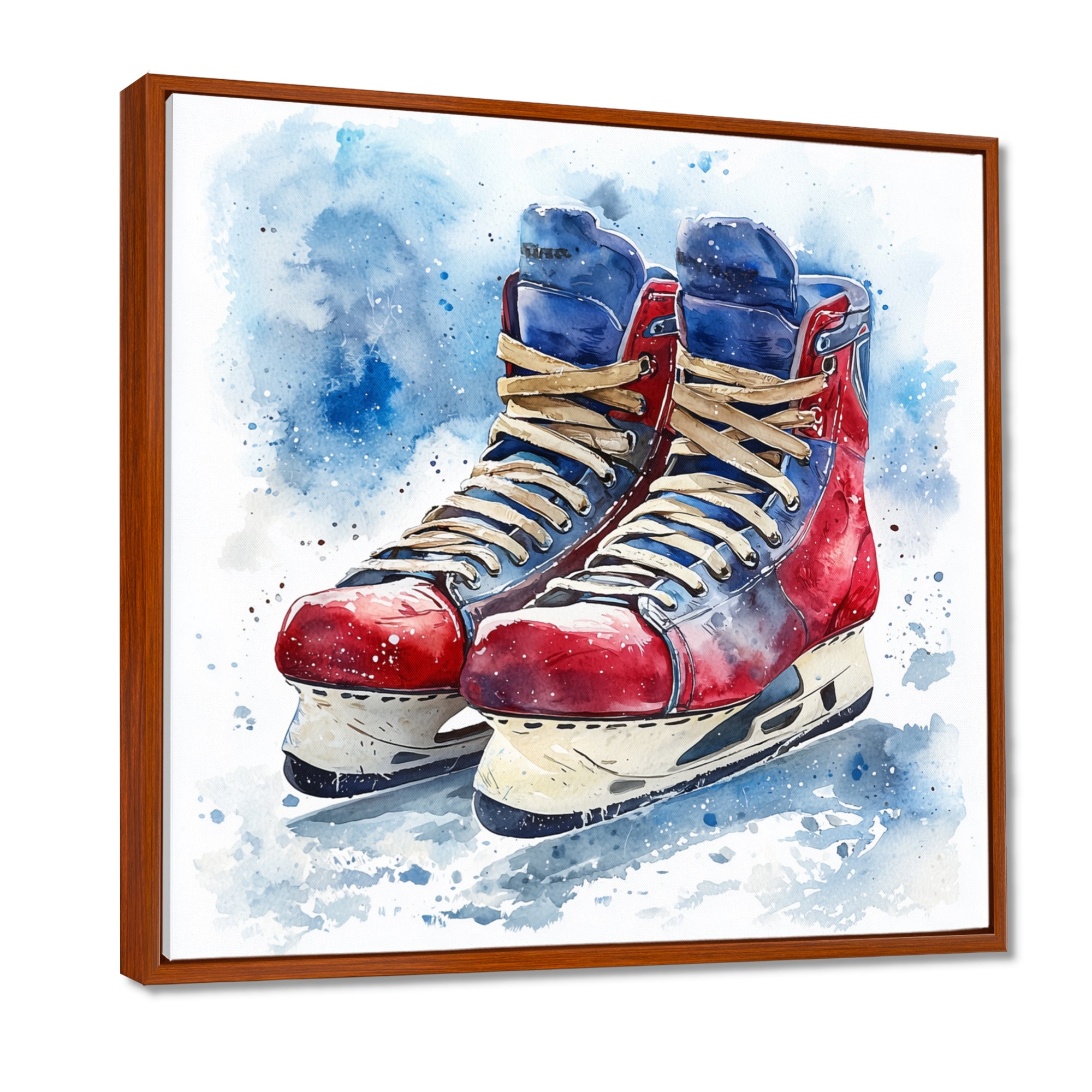 Red Blue Watercolor Hockey Skates - Sport Hockey Canvas Wall Art