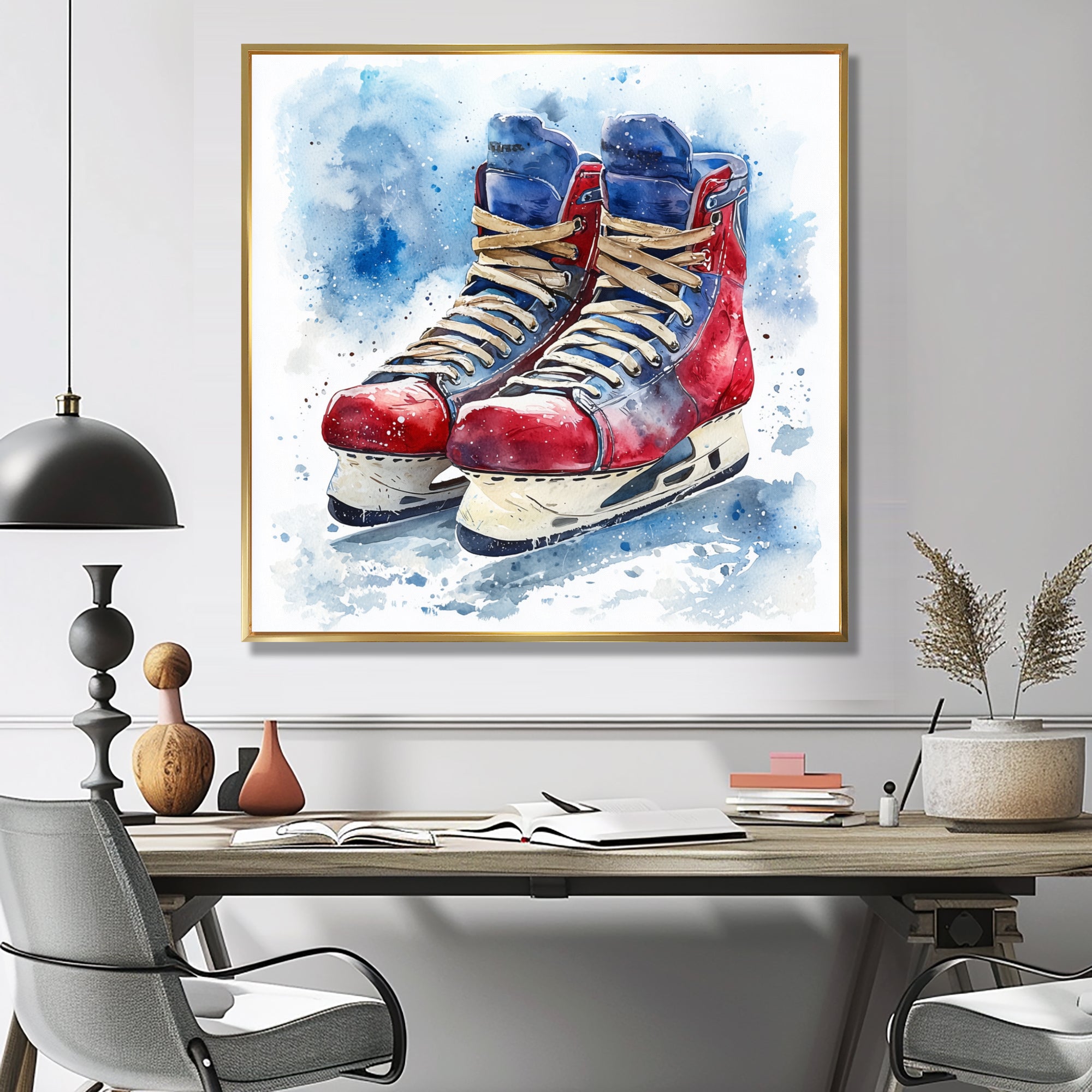 Red Blue Watercolor Hockey Skates - Sport Hockey Canvas Wall Art