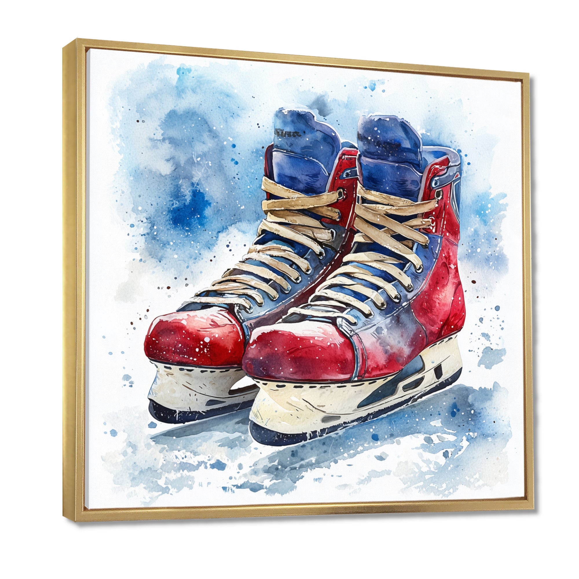 Red Blue Watercolor Hockey Skates - Sport Hockey Canvas Wall Art