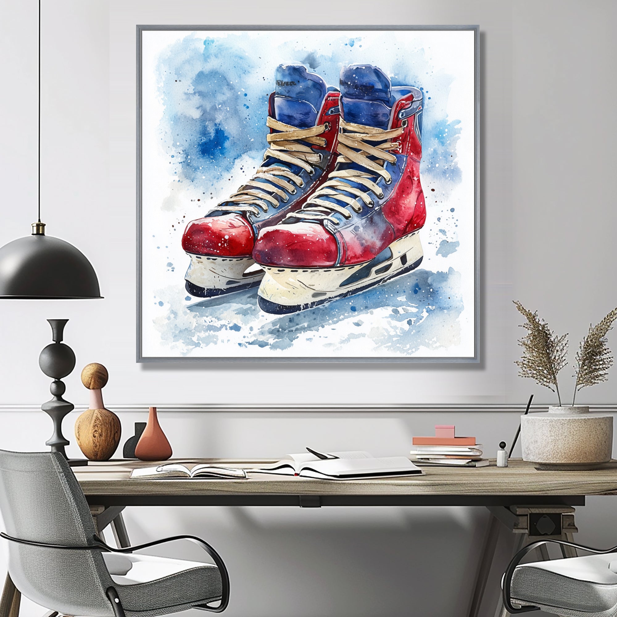 Red Blue Watercolor Hockey Skates - Sport Hockey Canvas Wall Art