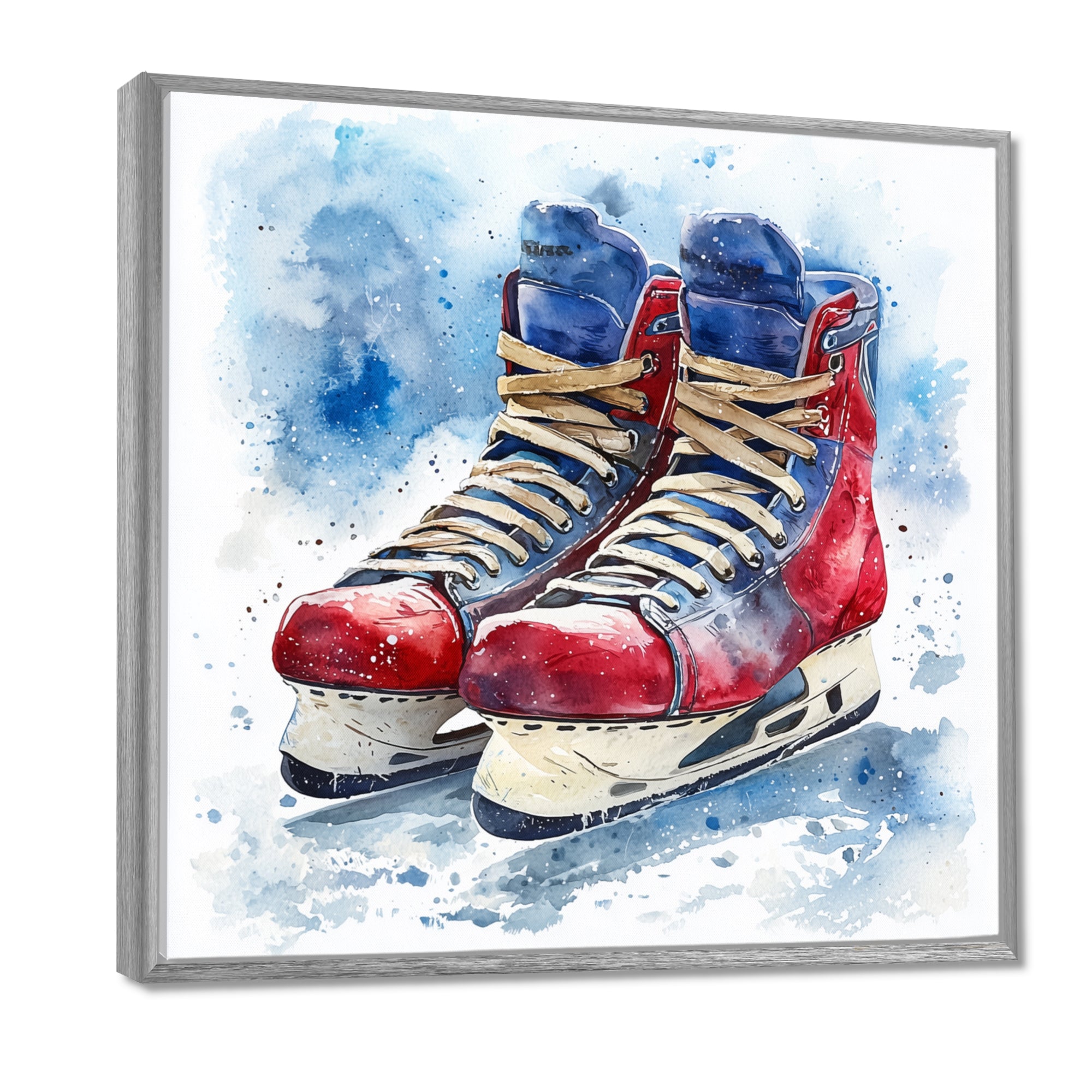 Red Blue Watercolor Hockey Skates - Sport Hockey Canvas Wall Art