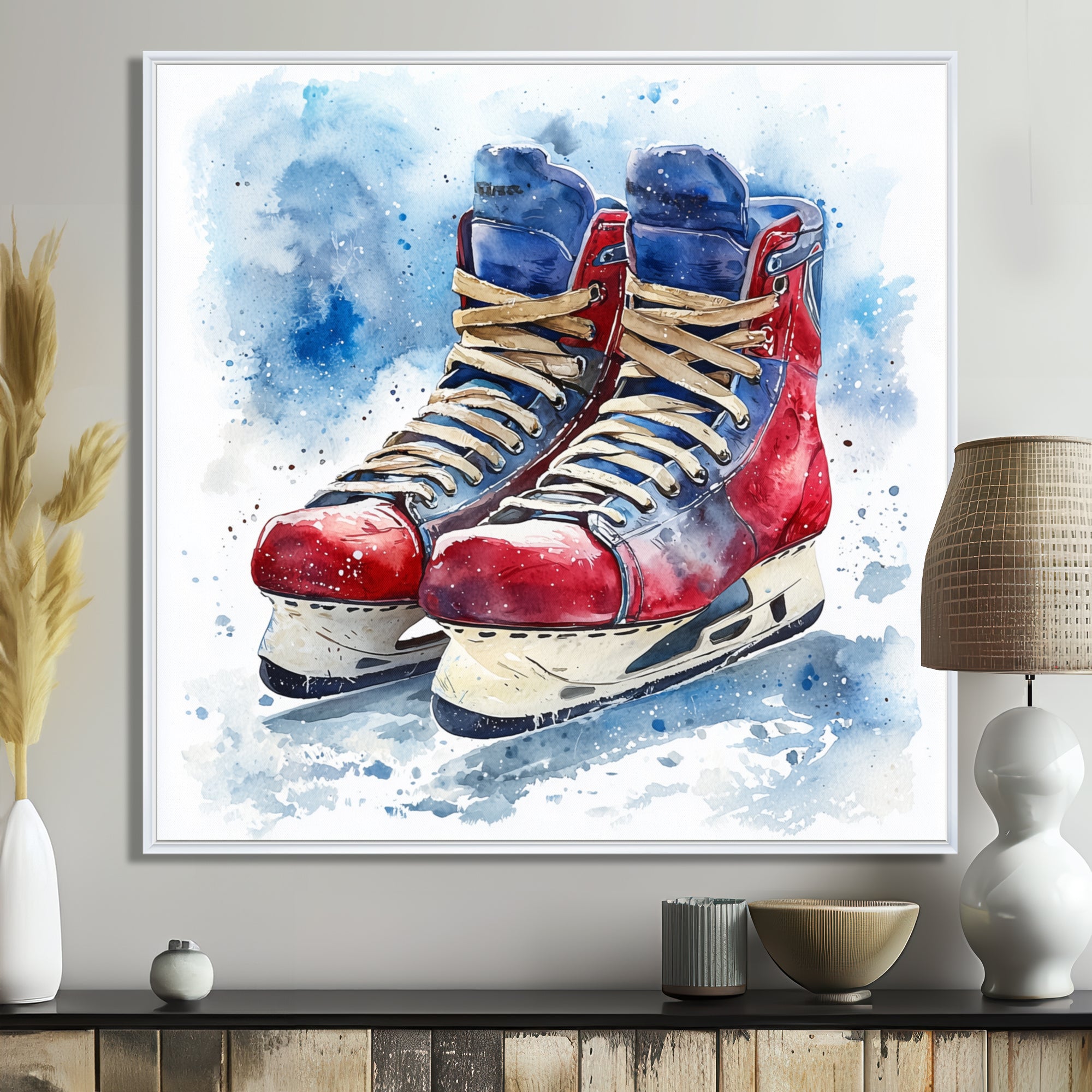 Red Blue Watercolor Hockey Skates - Sport Hockey Canvas Wall Art