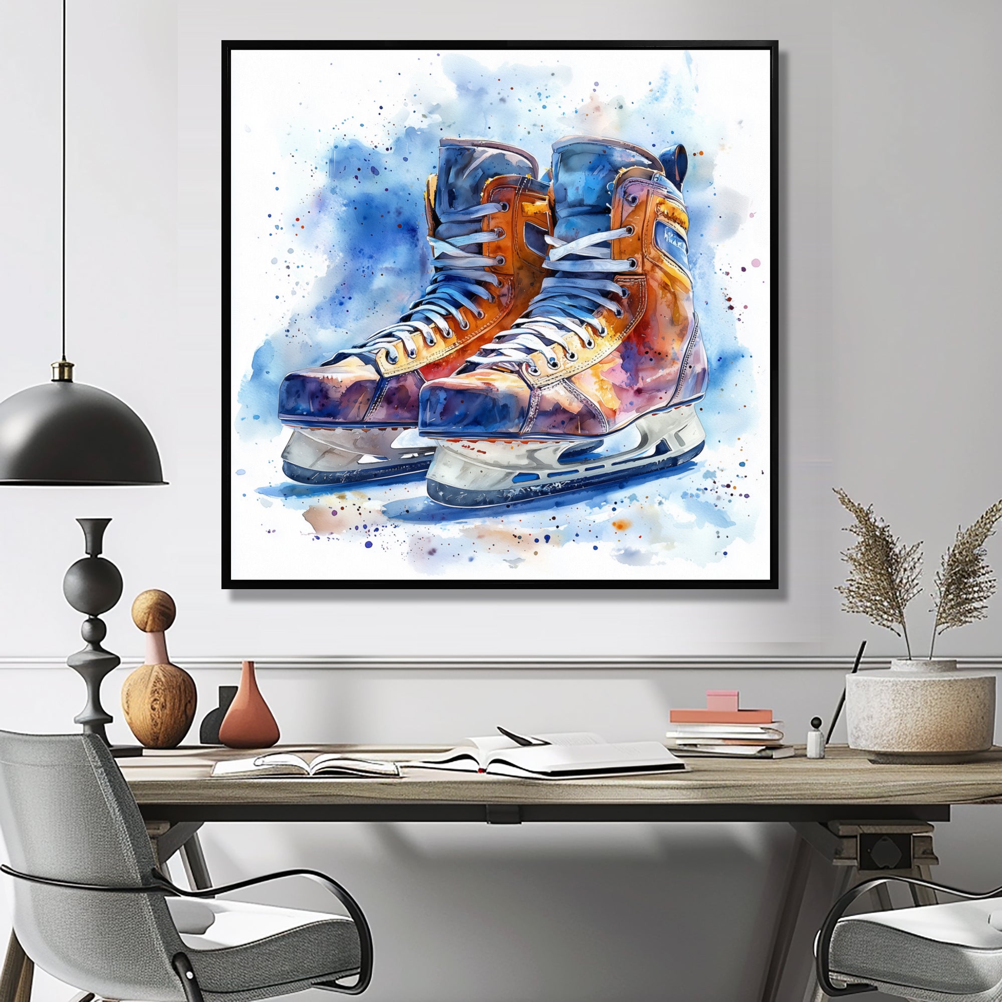 Yellow Blue Watercolor Hockey Skates - Sport Hockey Canvas Wall Art