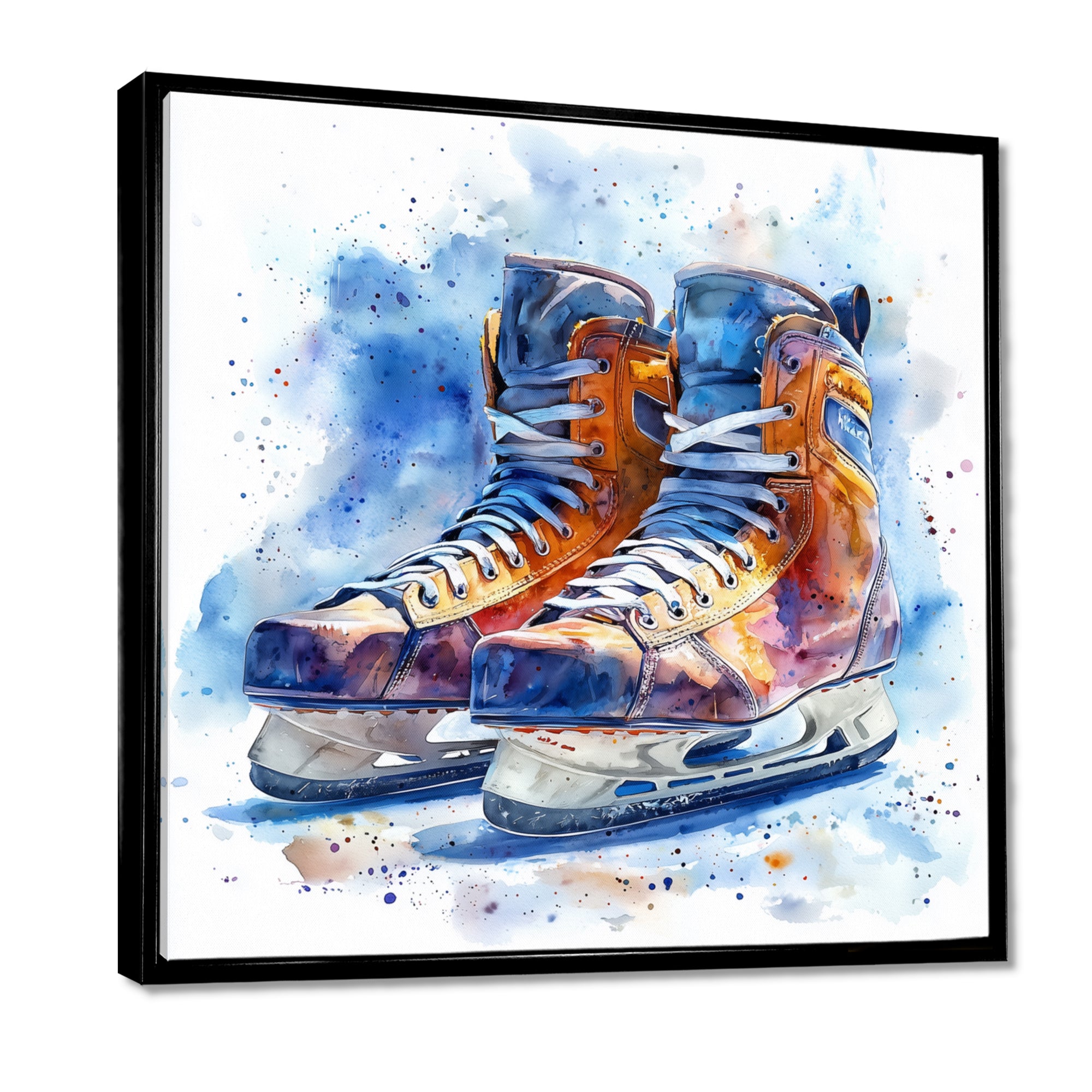 Yellow Blue Watercolor Hockey Skates - Sport Hockey Canvas Wall Art