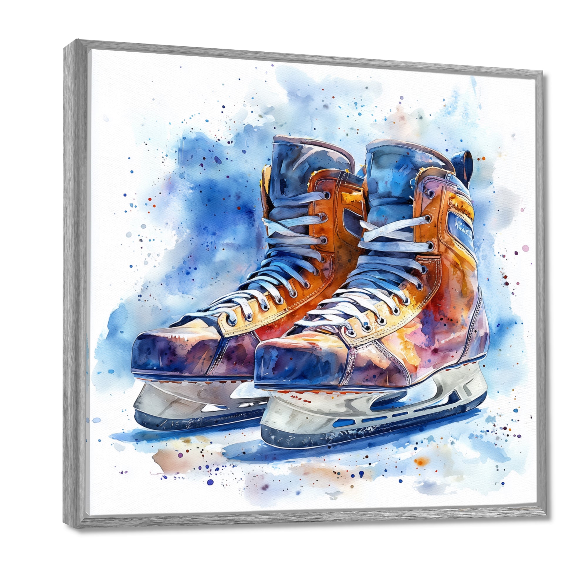 Yellow Blue Watercolor Hockey Skates - Sport Hockey Canvas Wall Art