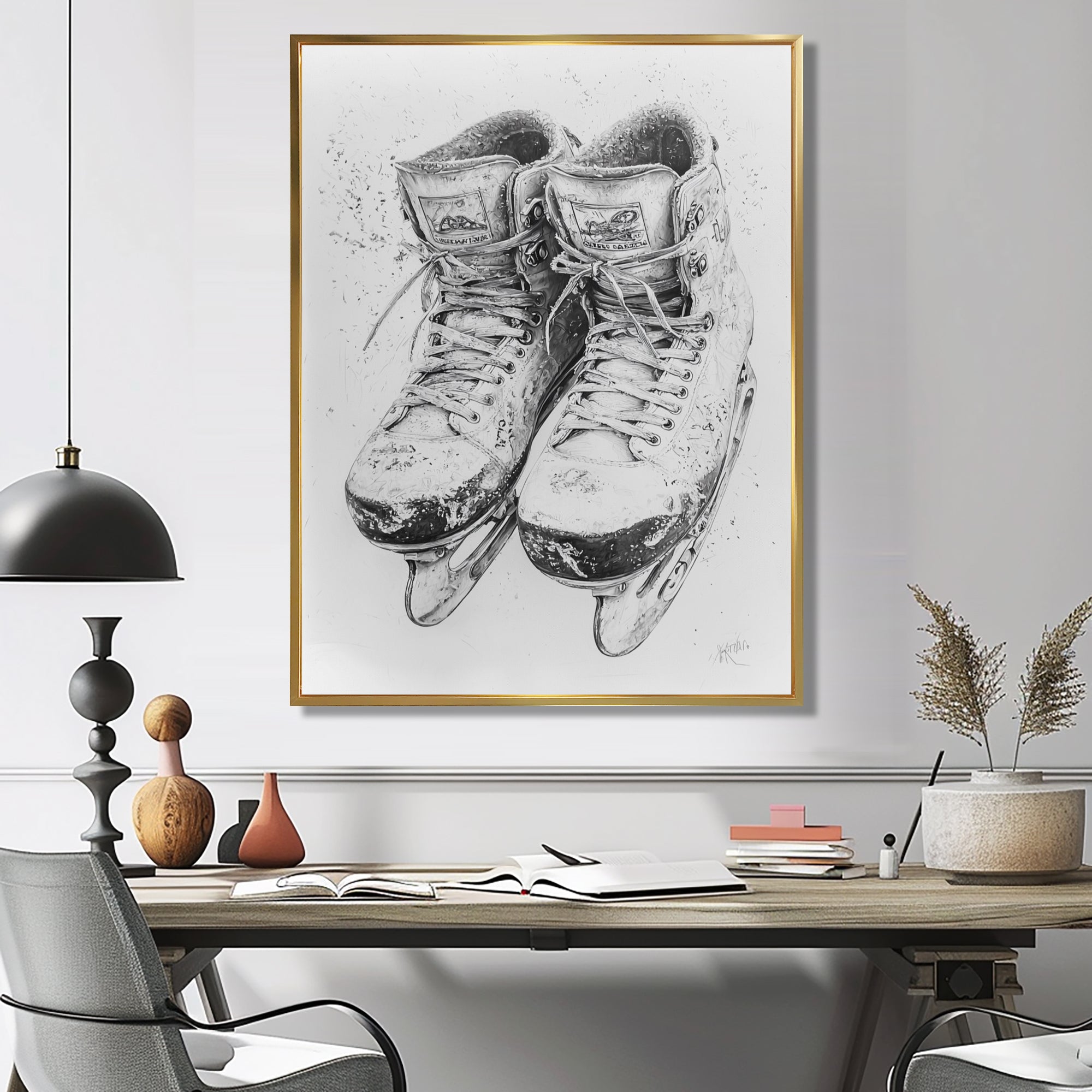 Grey Hockey Skates Hung On Wall I - Sport Hockey Canvas Wall Art