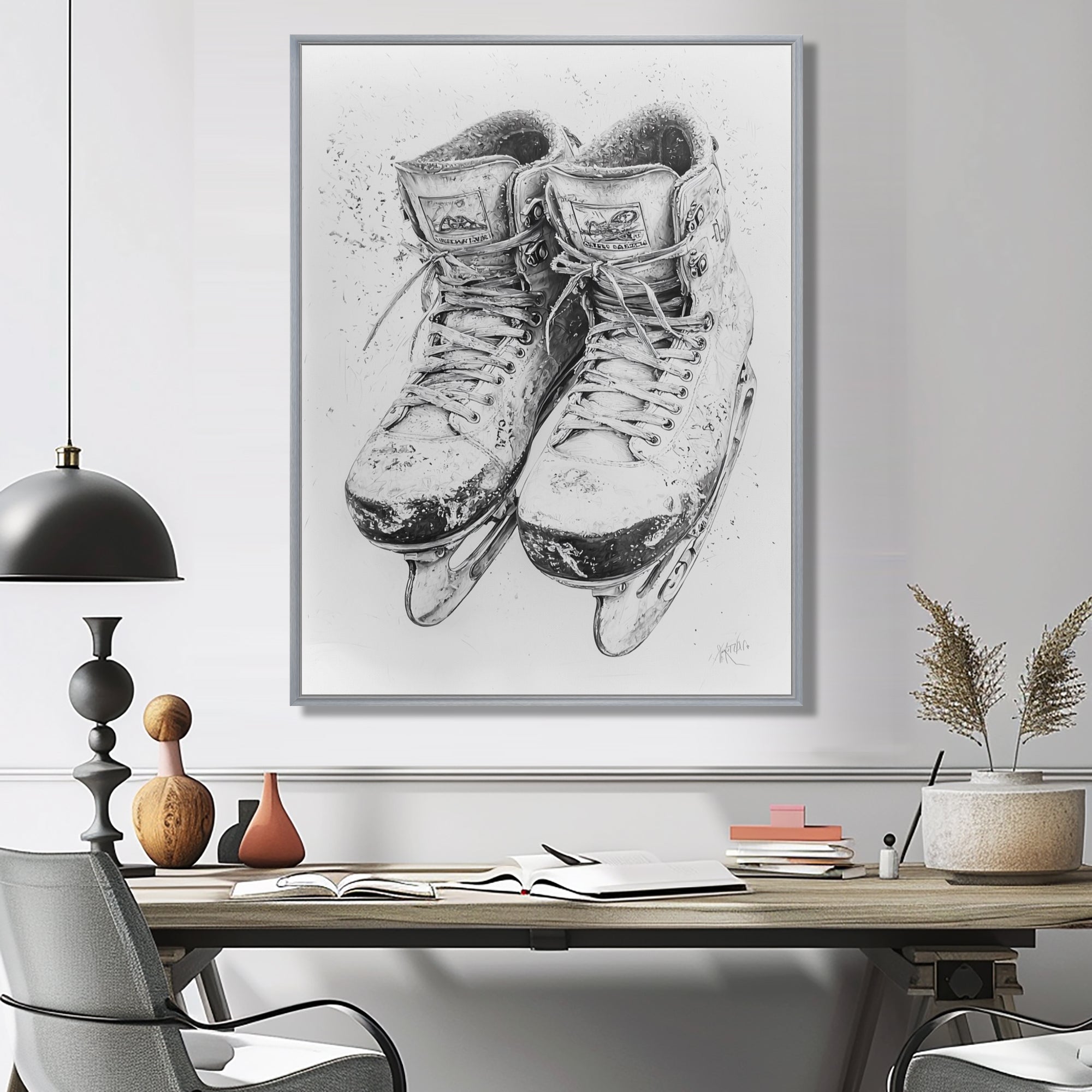 Grey Hockey Skates Hung On Wall I - Sport Hockey Canvas Wall Art