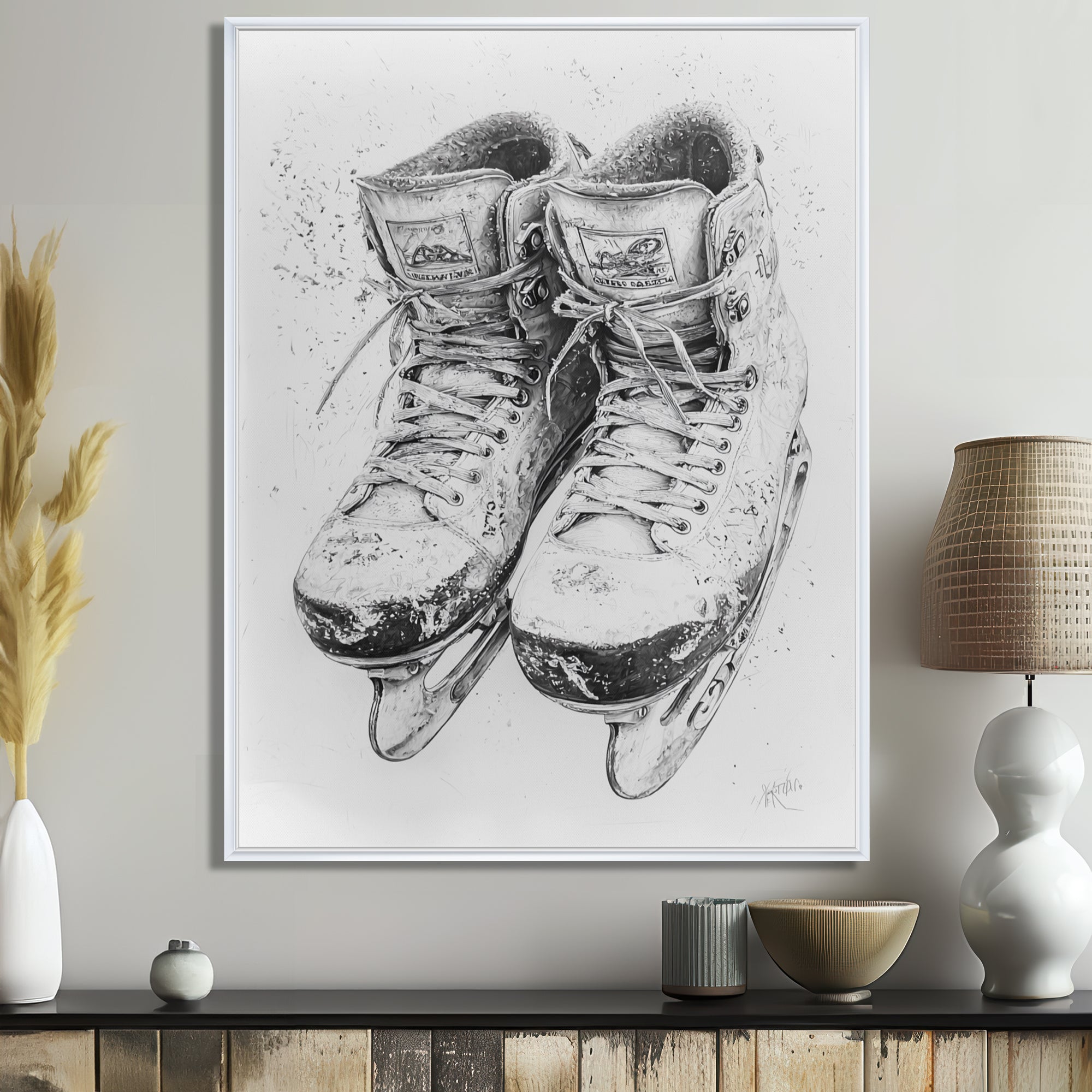 Grey Hockey Skates Hung On Wall I - Sport Hockey Canvas Wall Art
