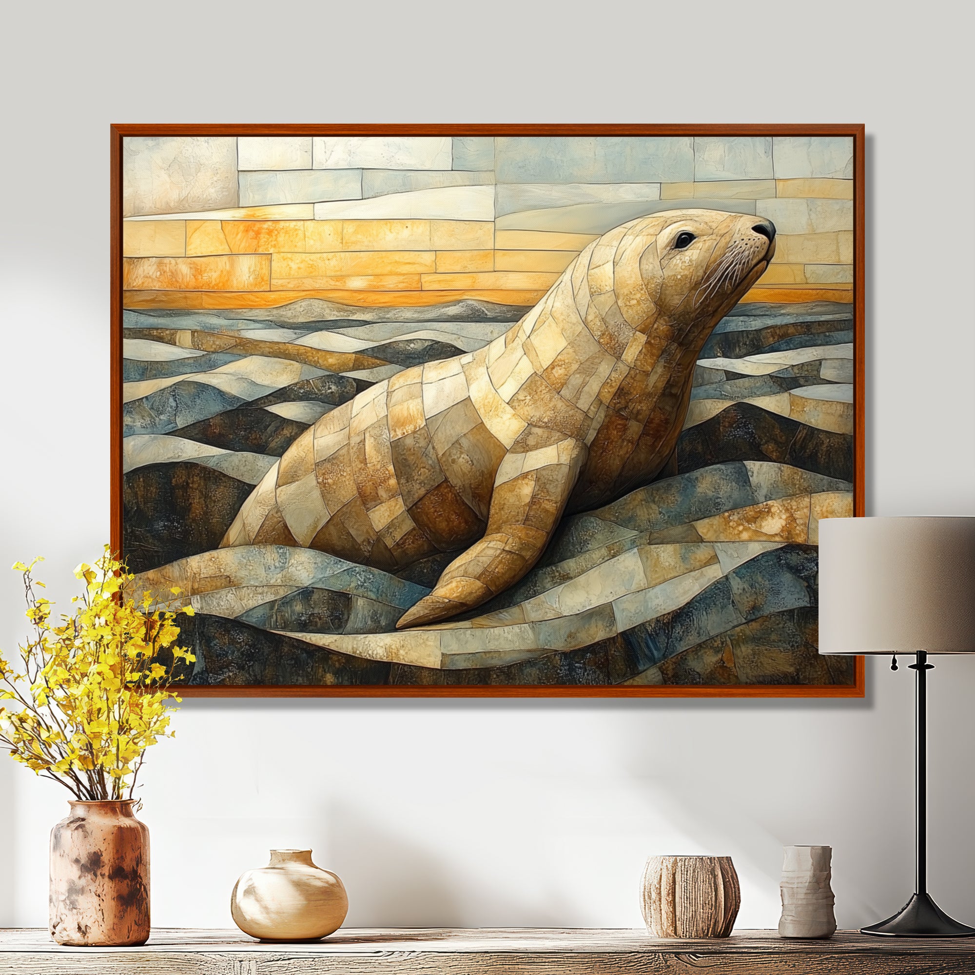Inuit Seal In Yellow And Brown Tones - Yellow Seal Wall Art