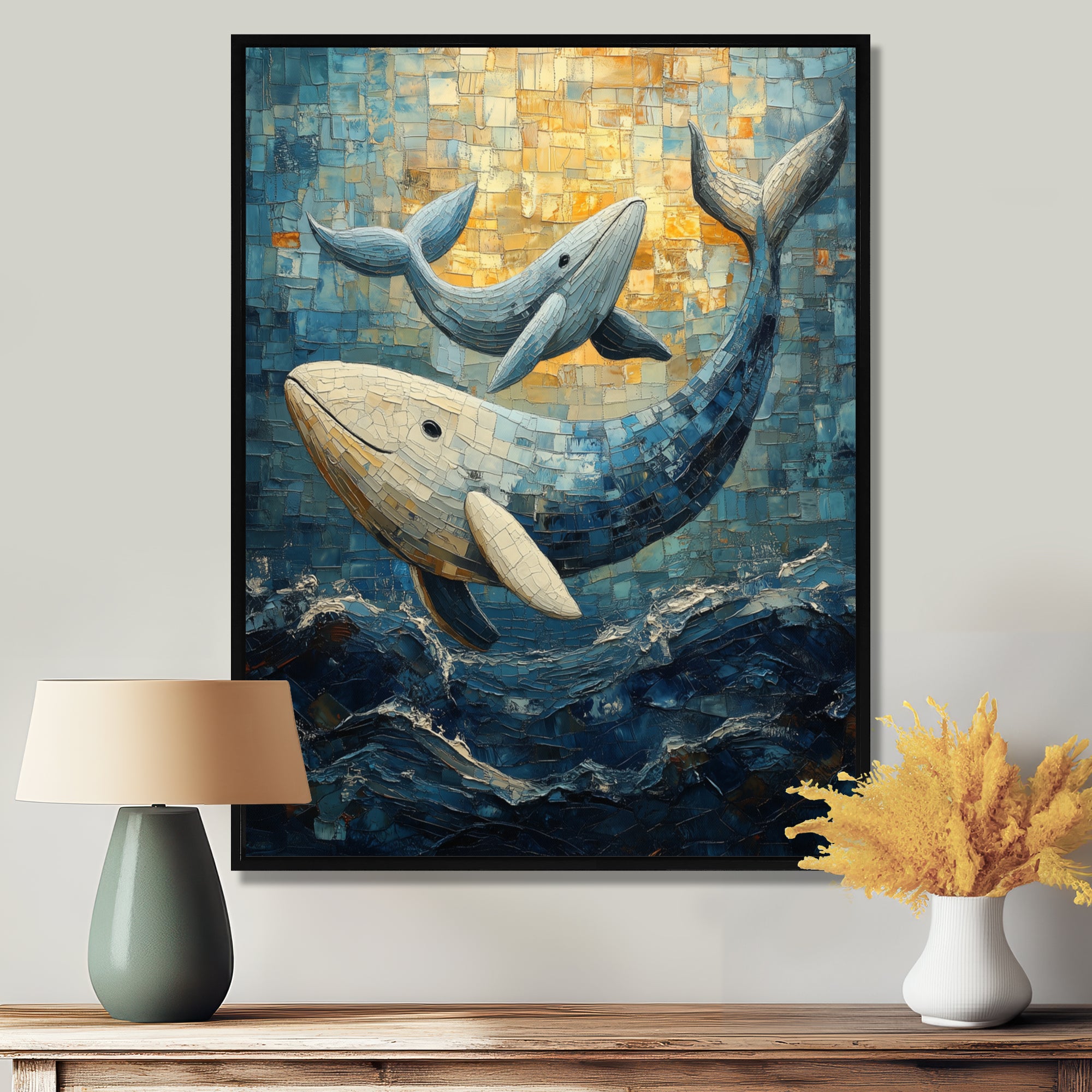 Whales In Blue And Yellow Tones - Whale Large Canvas Wall Art