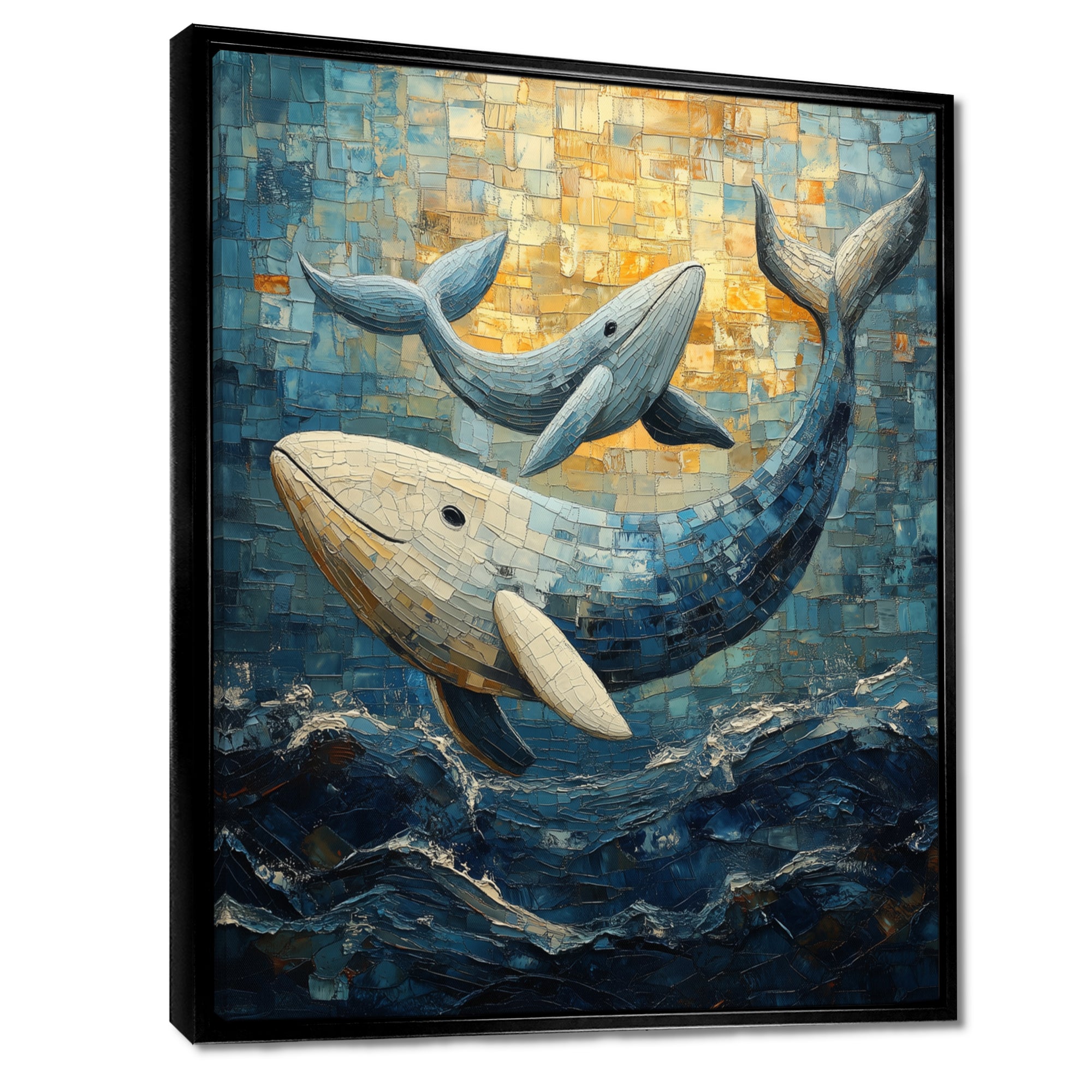 Whales In Blue And Yellow Tones - Whale Large Canvas Wall Art