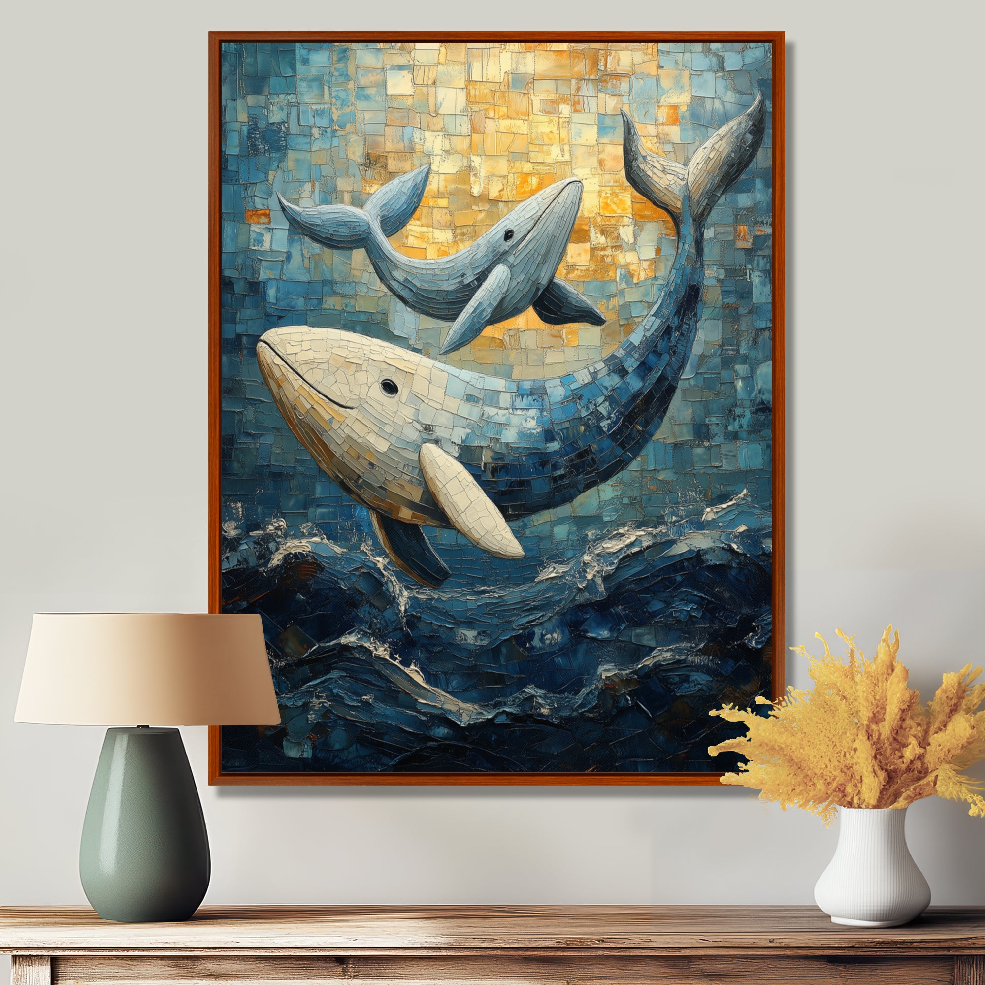Whales In Blue And Yellow Tones - Whale Large Canvas Wall Art
