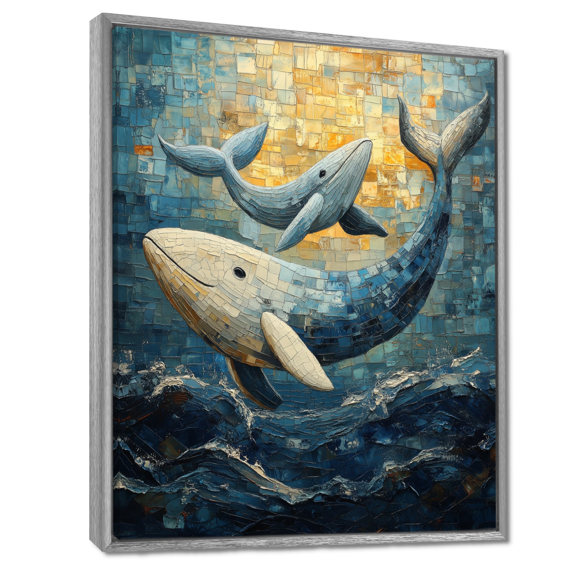 Whales In Blue And Yellow Tones - Whale Large Canvas Wall Art