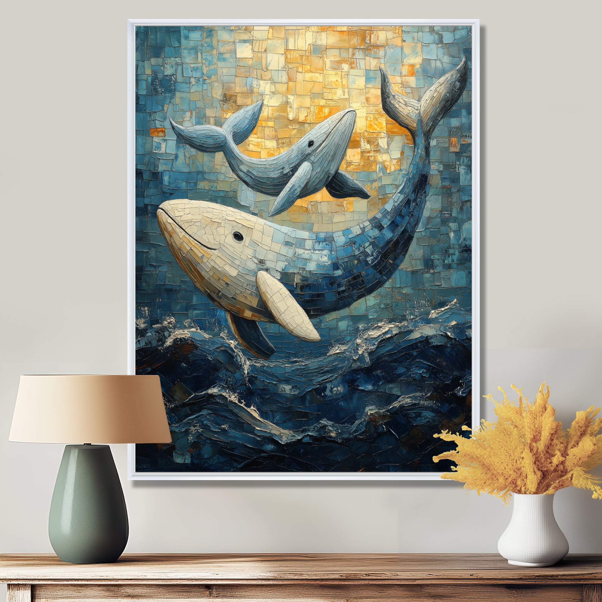 Whales In Blue And Yellow Tones - Whale Large Canvas Wall Art