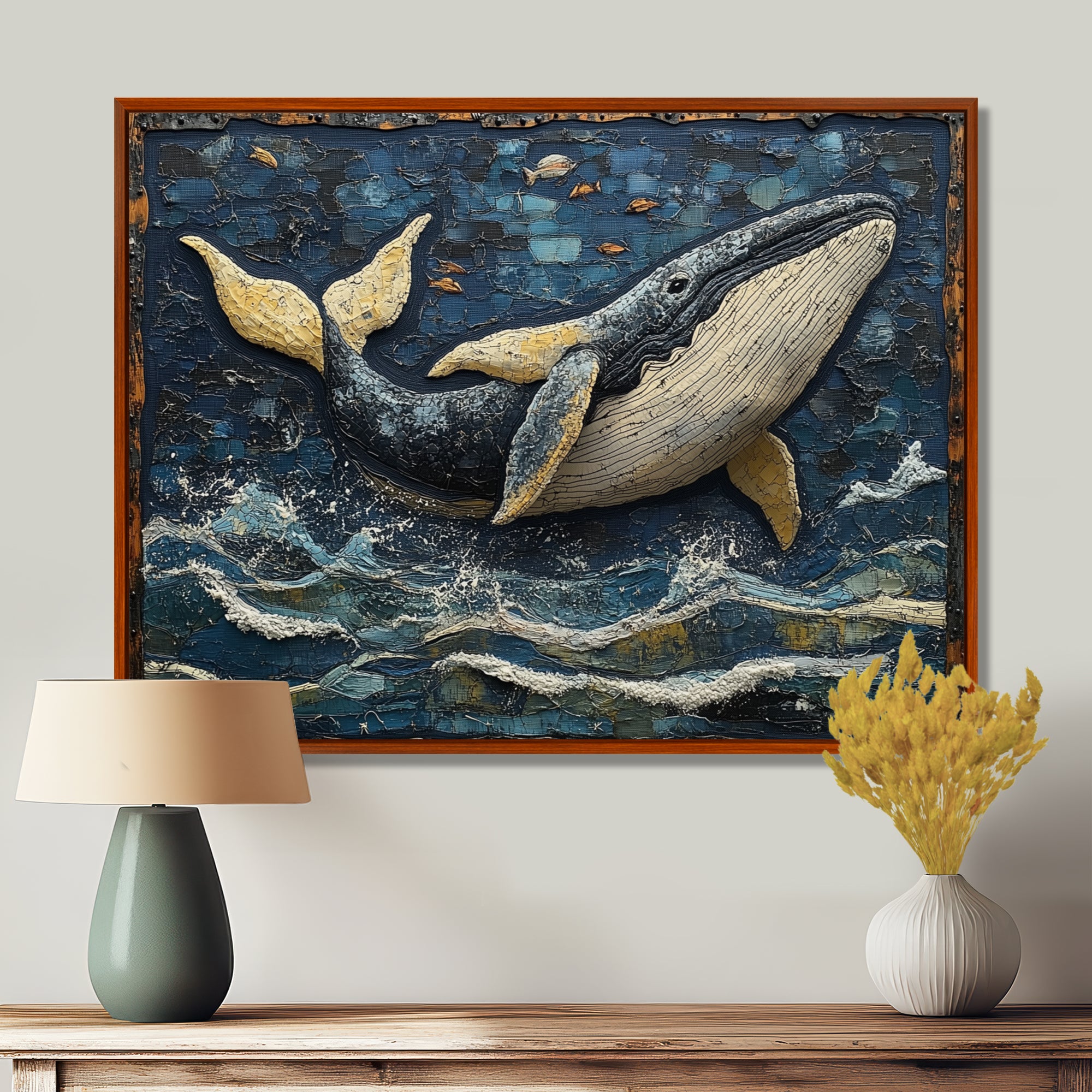 Whale In Blue And White Tones - Whale Living Room Wall Art