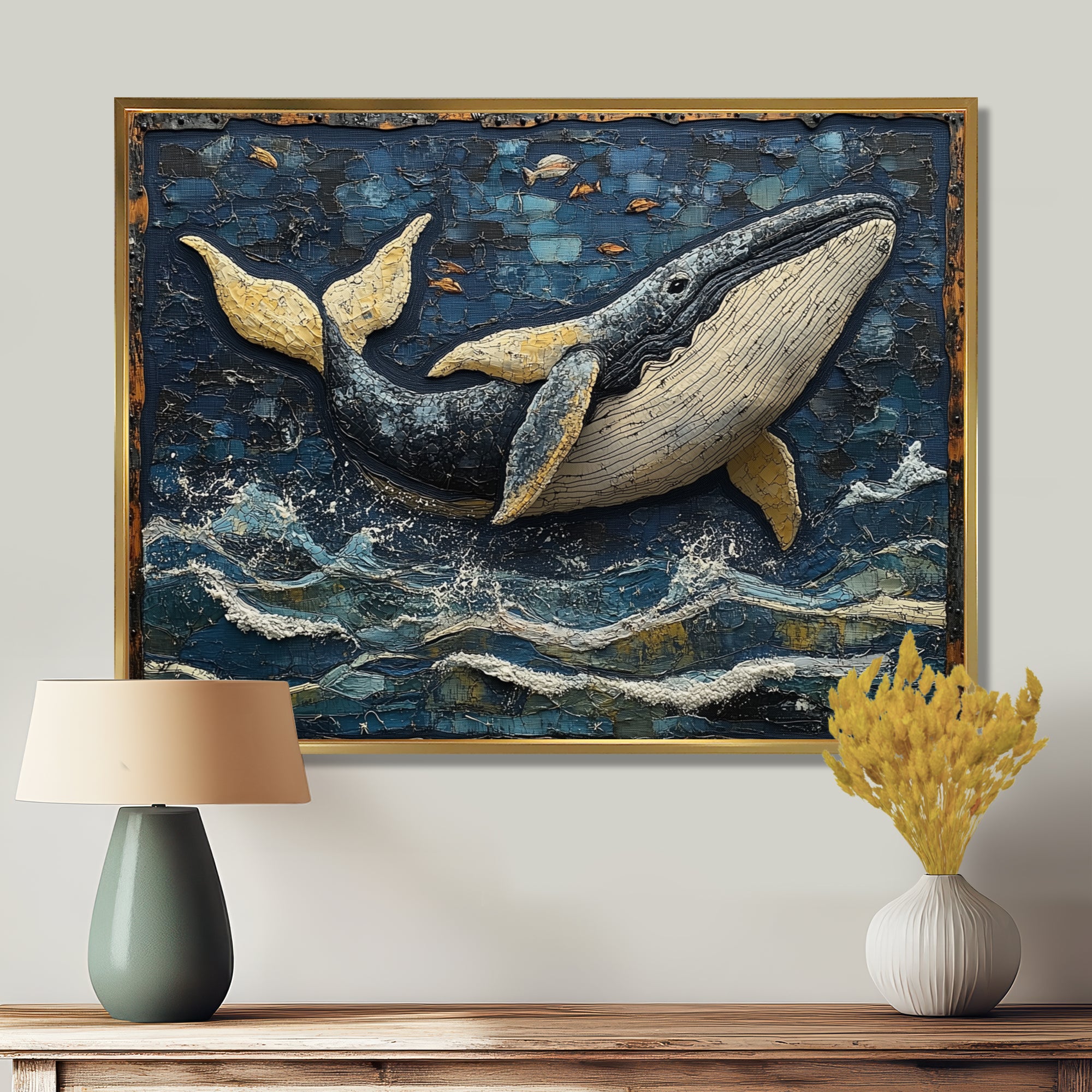 Whale In Blue And White Tones - Whale Living Room Wall Art