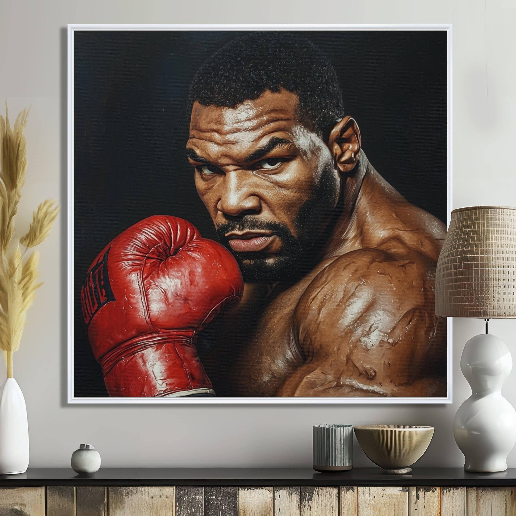 Red Mike Tyson Boxing Gloves Up Portrait - Sport Boxing Canvas Wall Art