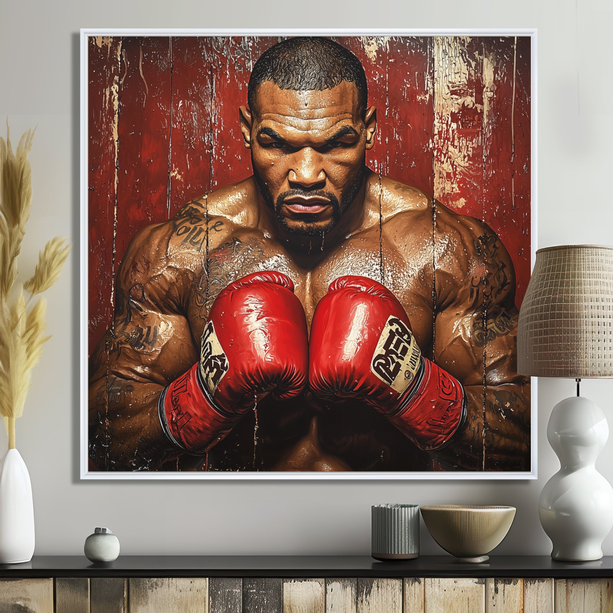 Red Mike Tyson Boxing Gloves Up - Sport Boxing Canvas Wall Art