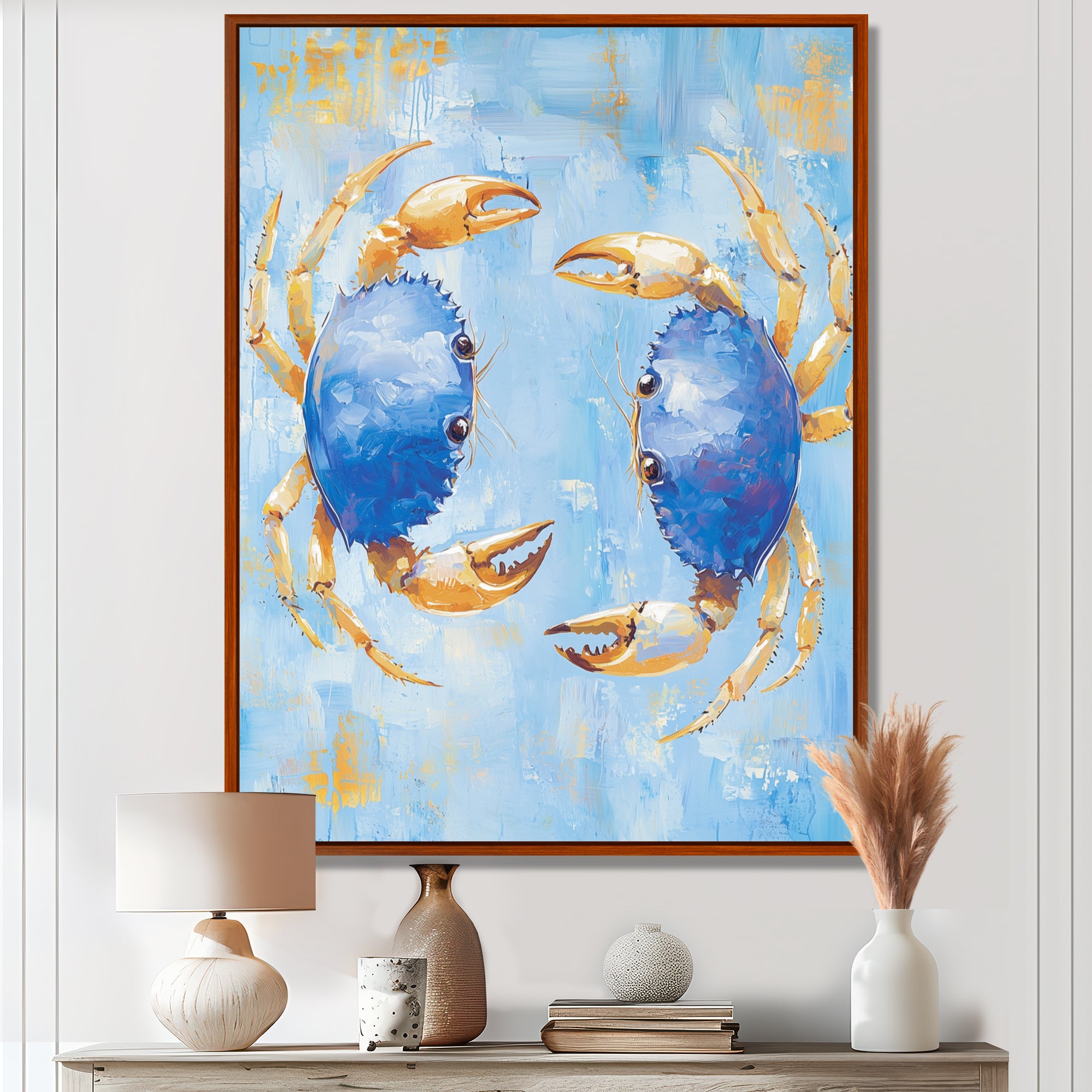 Blue Coastal Crab Battle - Crab Canvas Wall Art