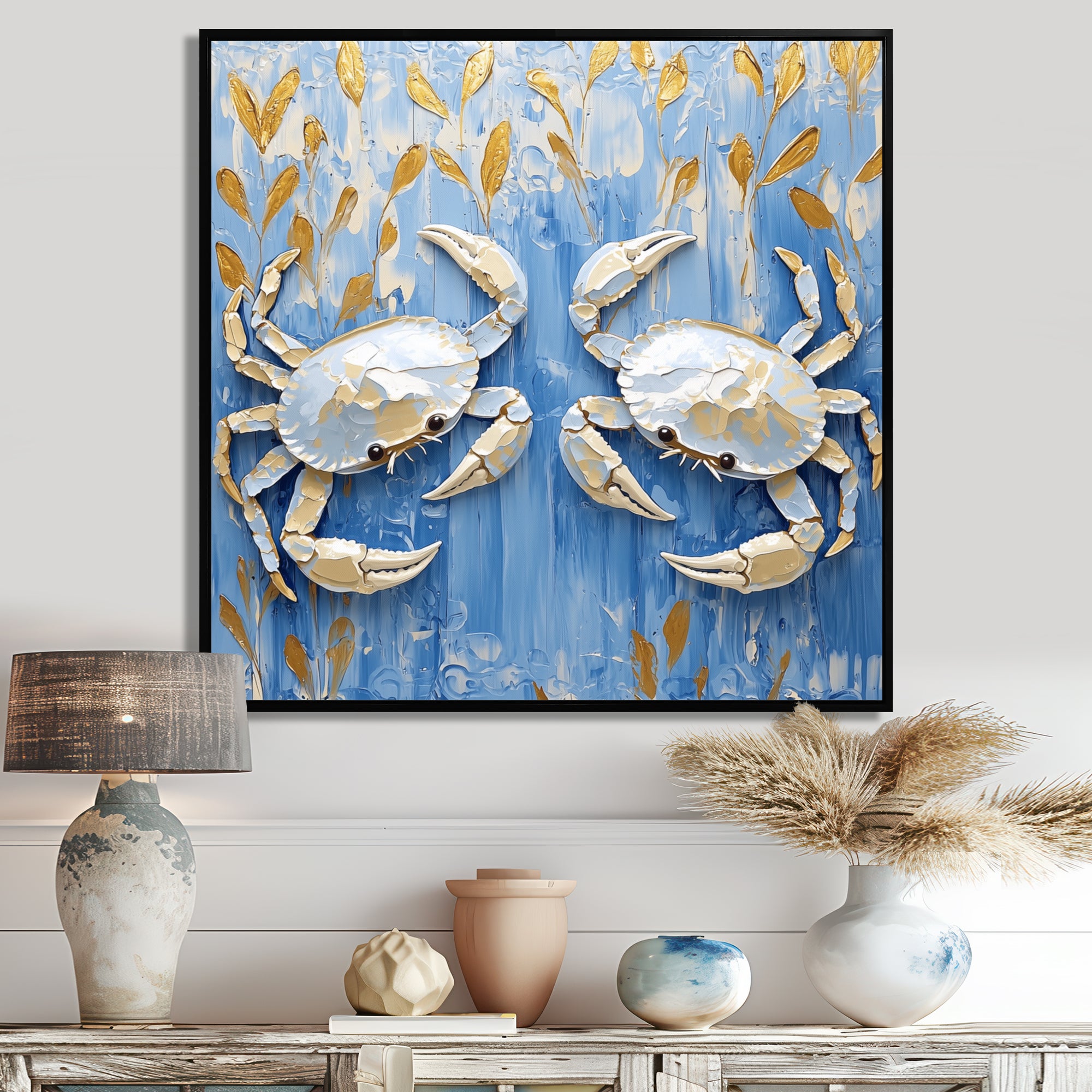Blue White Coastal Crab Battle - Crab Wall Decor