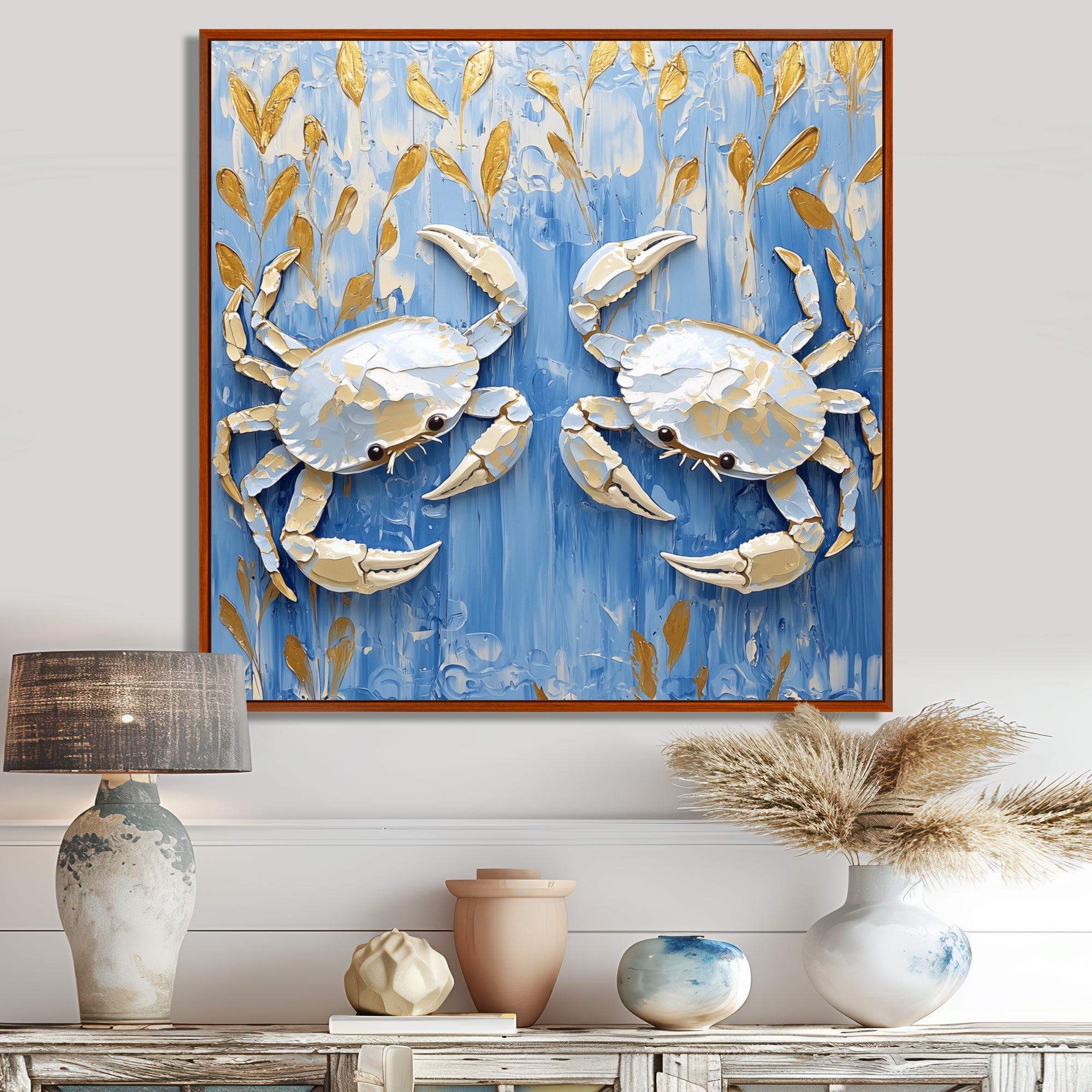 Blue White Coastal Crab Battle - Crab Wall Decor