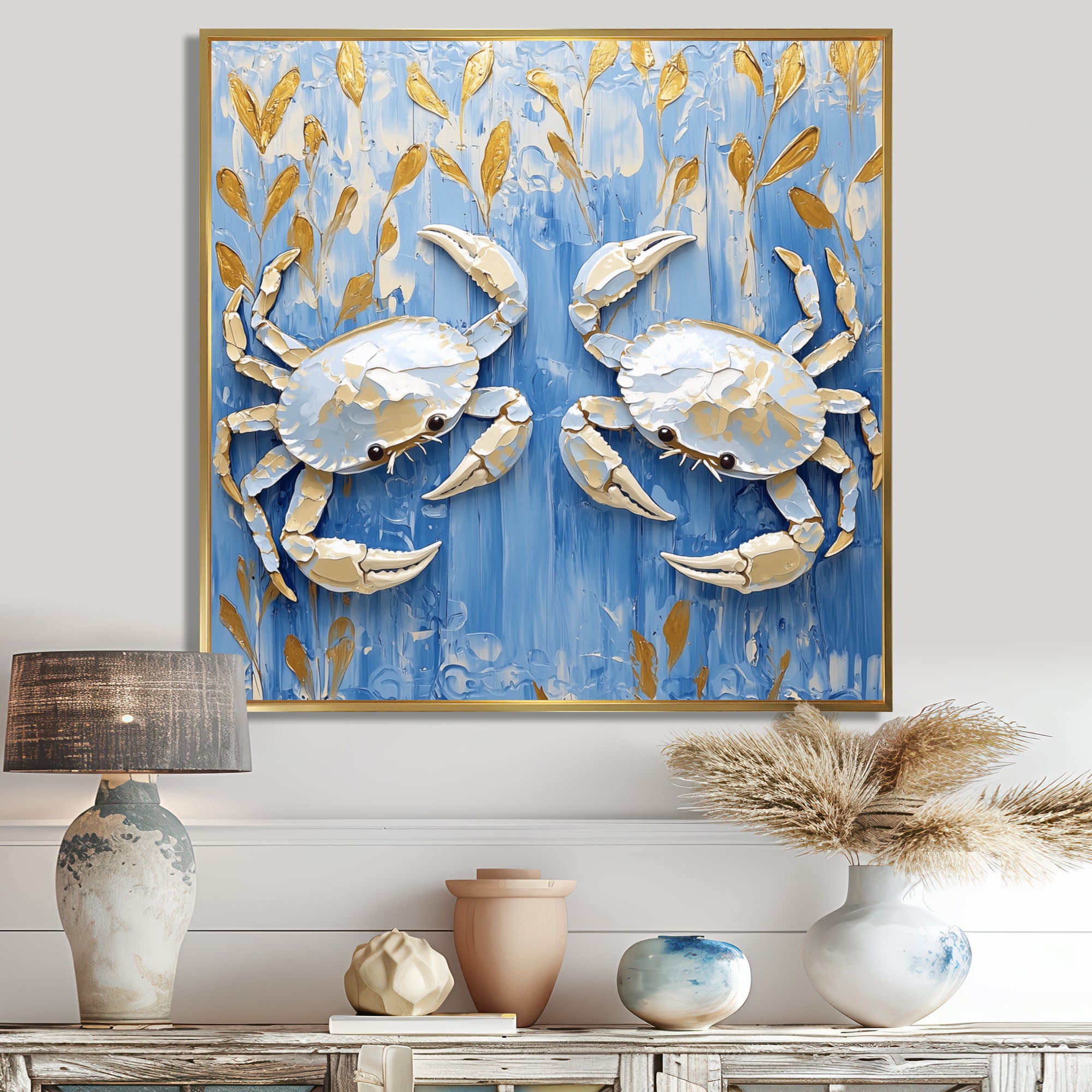 Blue White Coastal Crab Battle - Crab Wall Decor