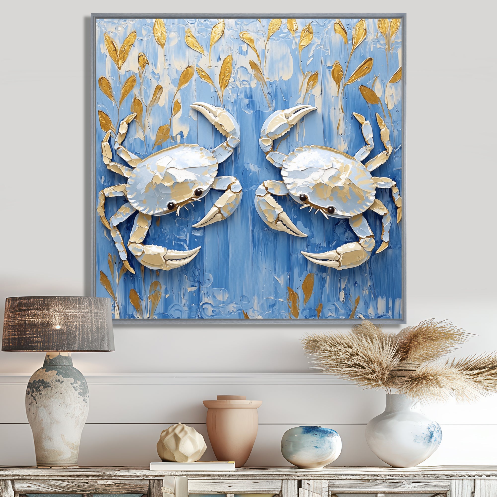Blue White Coastal Crab Battle - Crab Wall Decor