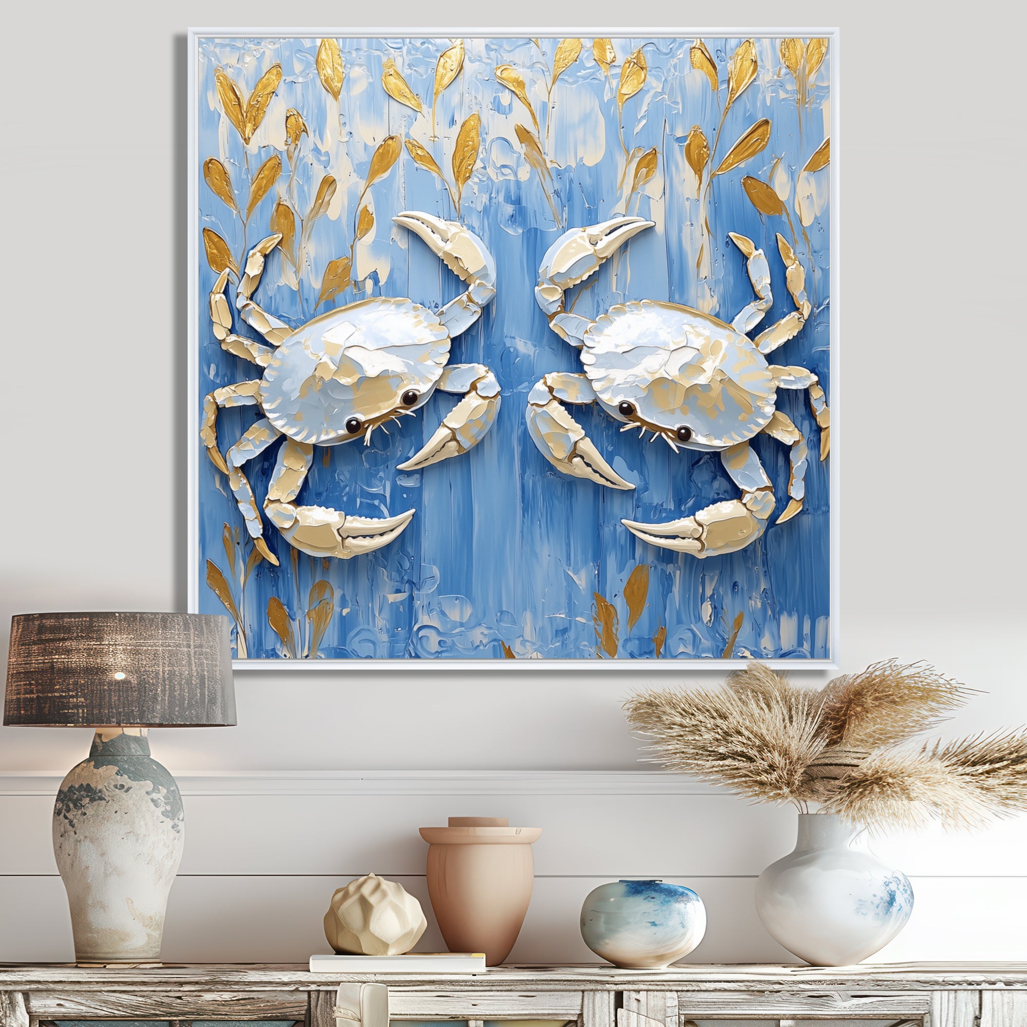 Blue White Coastal Crab Battle - Crab Wall Decor