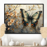 Vintage Butterfly On Cherry Blossom Branch - Blue Butterfly Wall Art
