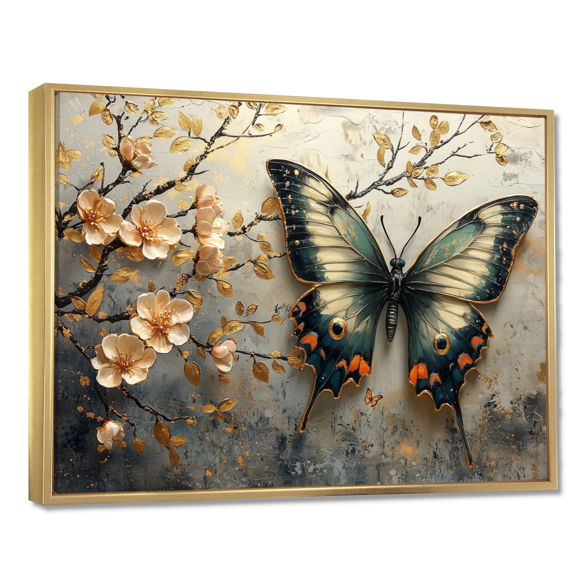 Vintage Butterfly On Cherry Blossom Branch - Blue Butterfly Wall Art