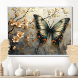 Vintage Butterfly On Cherry Blossom Branch - Blue Butterfly Wall Art