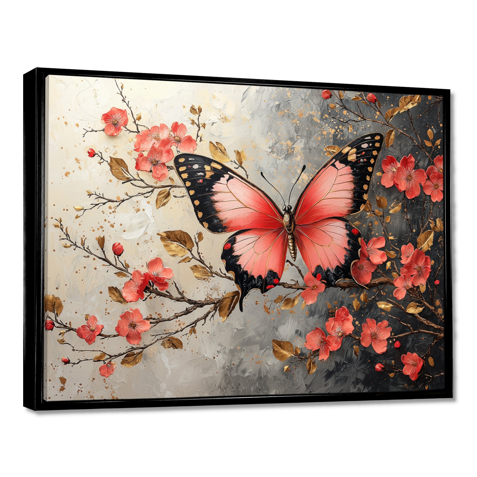 Pink Butterfly On Cherry Blossom Tree - Butterfly Framed Canvas Art