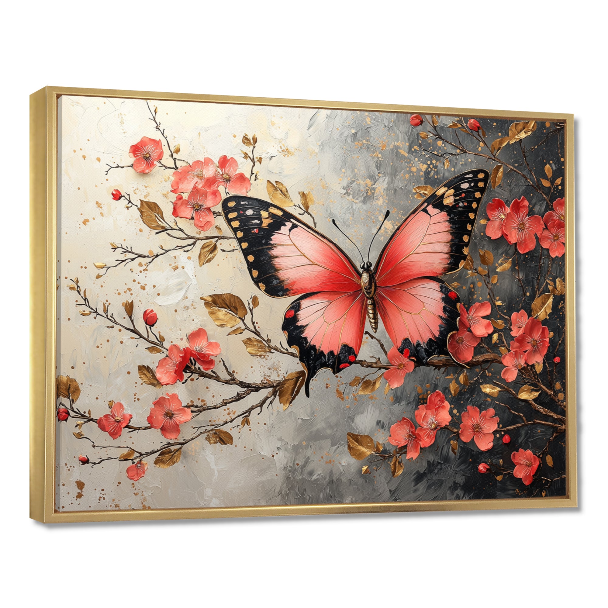 Pink Butterfly On Cherry Blossom Tree - Butterfly Framed Canvas Art