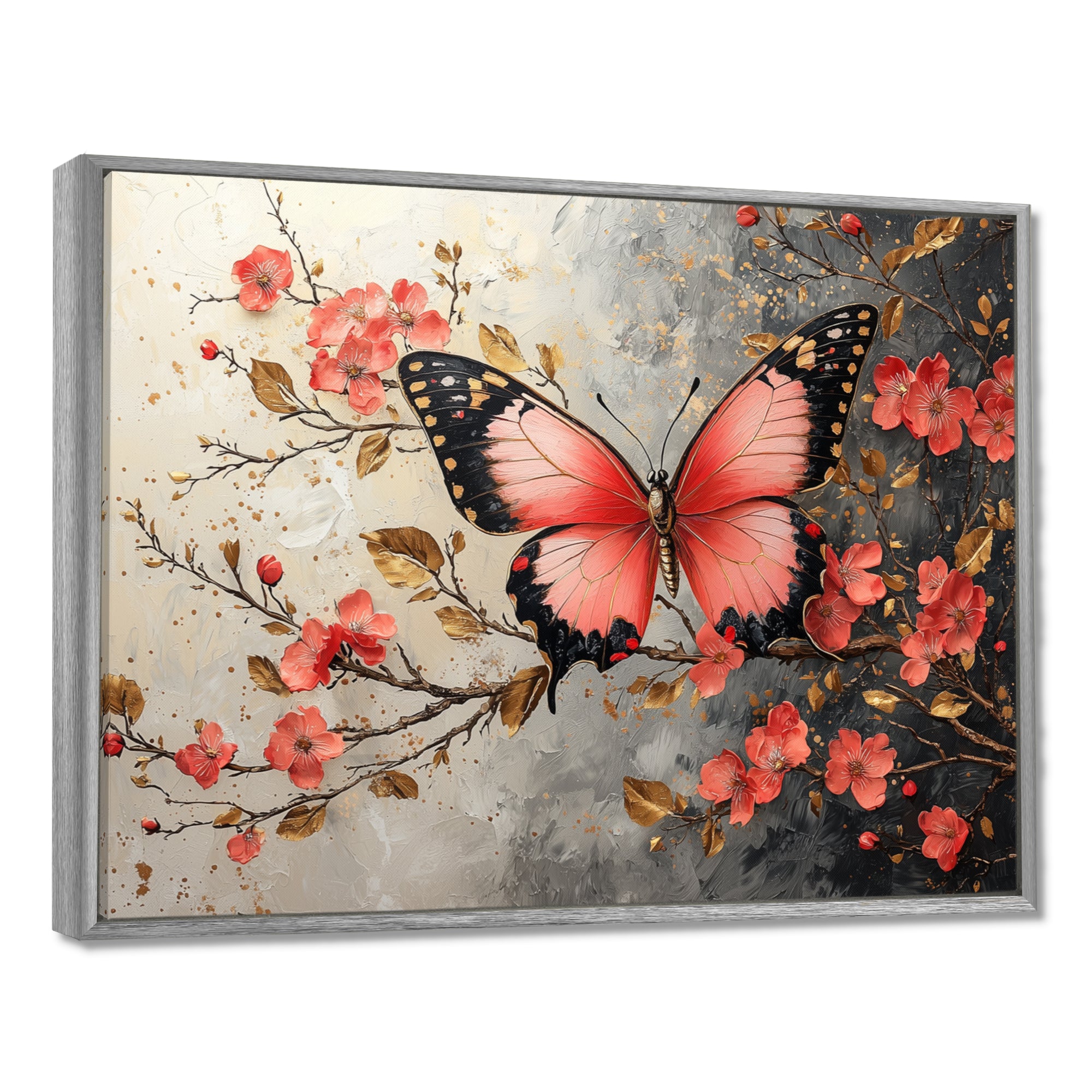 Pink Butterfly On Cherry Blossom Tree - Butterfly Framed Canvas Art