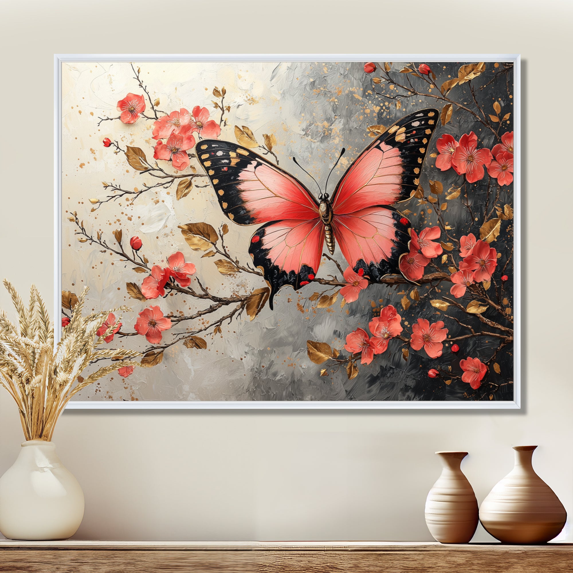 Pink Butterfly On Cherry Blossom Tree - Butterfly Framed Canvas Art