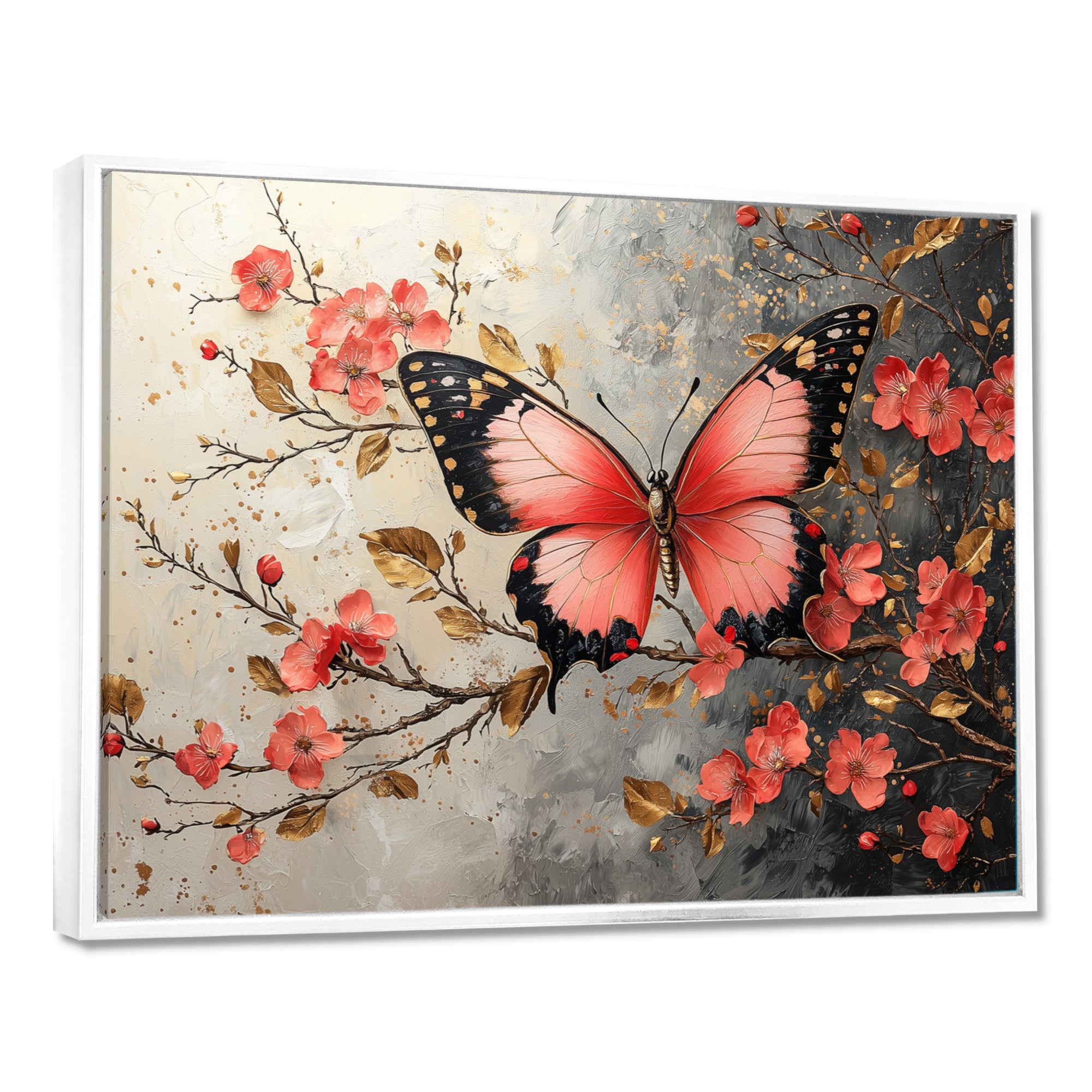 Pink Butterfly On Cherry Blossom Tree - Butterfly Framed Canvas Art