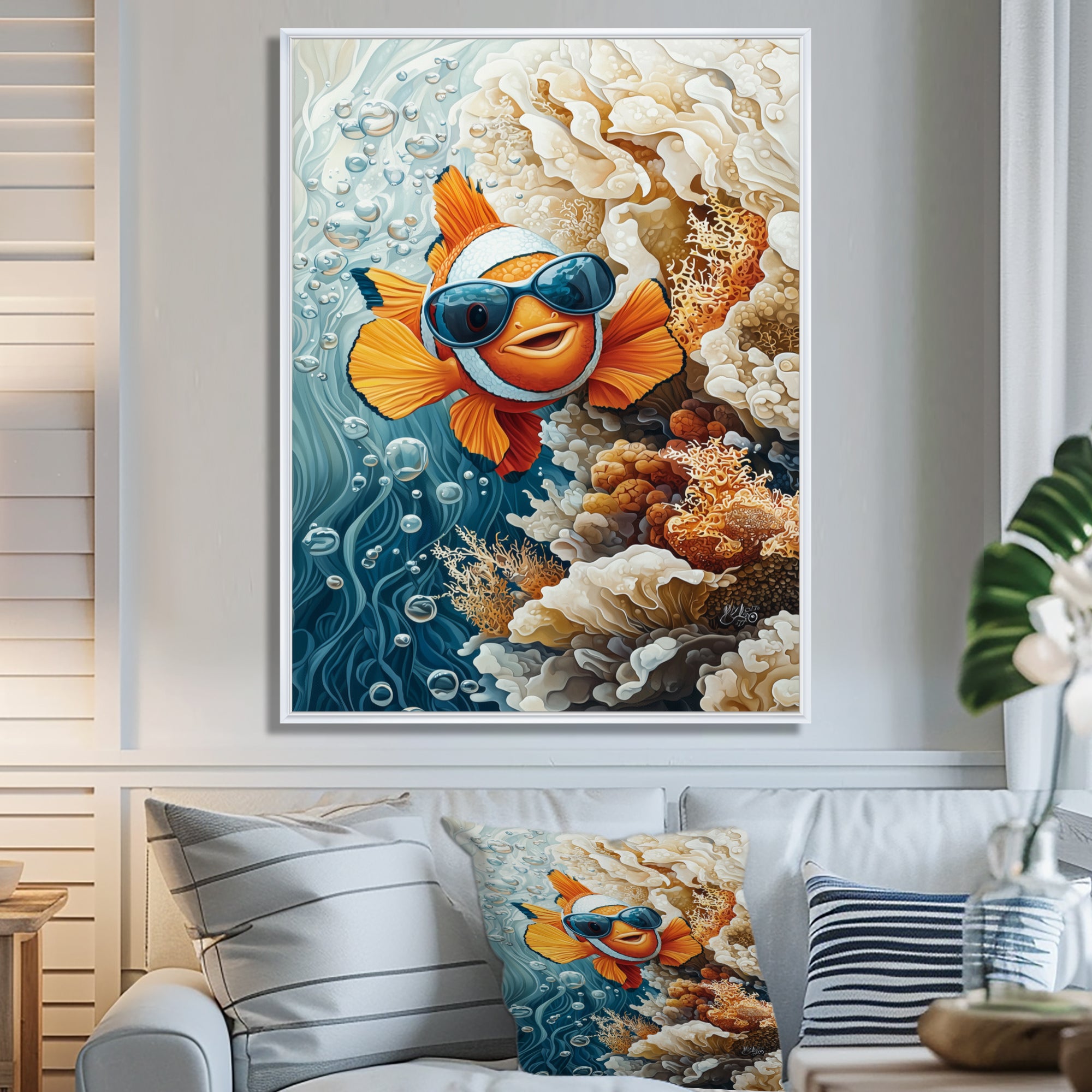 Orange Nemo Fish With Glasses In The Ocean - Fish Large Canvas Wall Art
