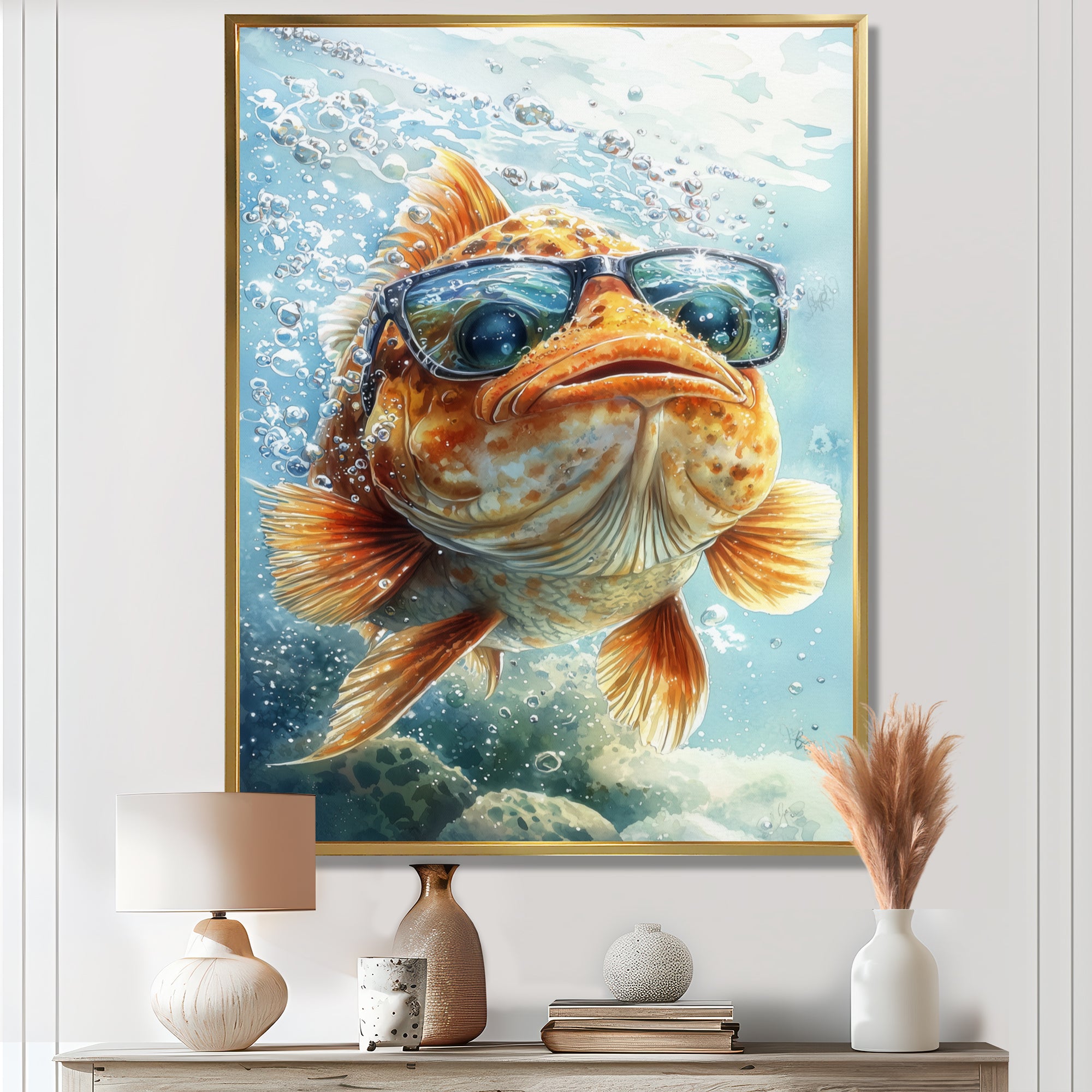 Orange Fish With Glasses In The Ocean - Fish Living Room Wall Art