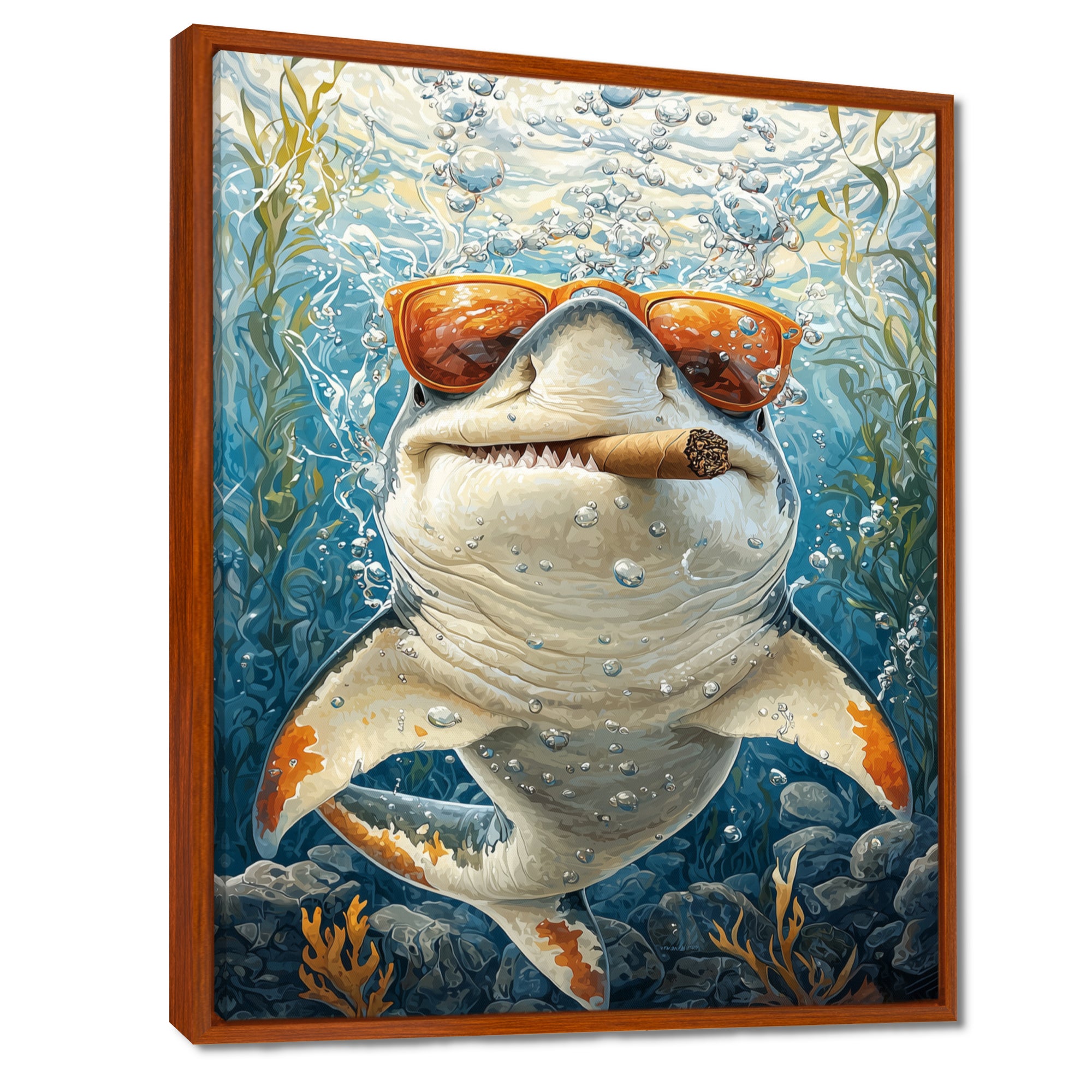 Orange Shark with Glasses In The Ocean - Shark Wall Decor