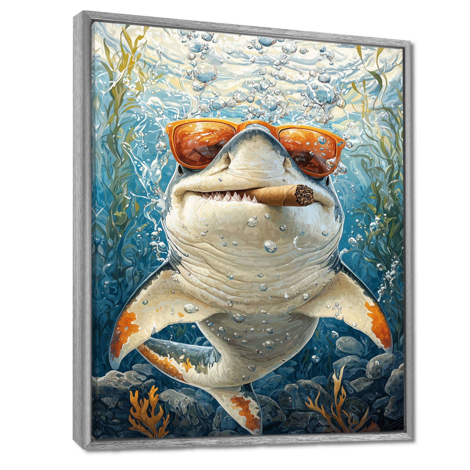 Orange Shark with Glasses In The Ocean - Shark Wall Decor