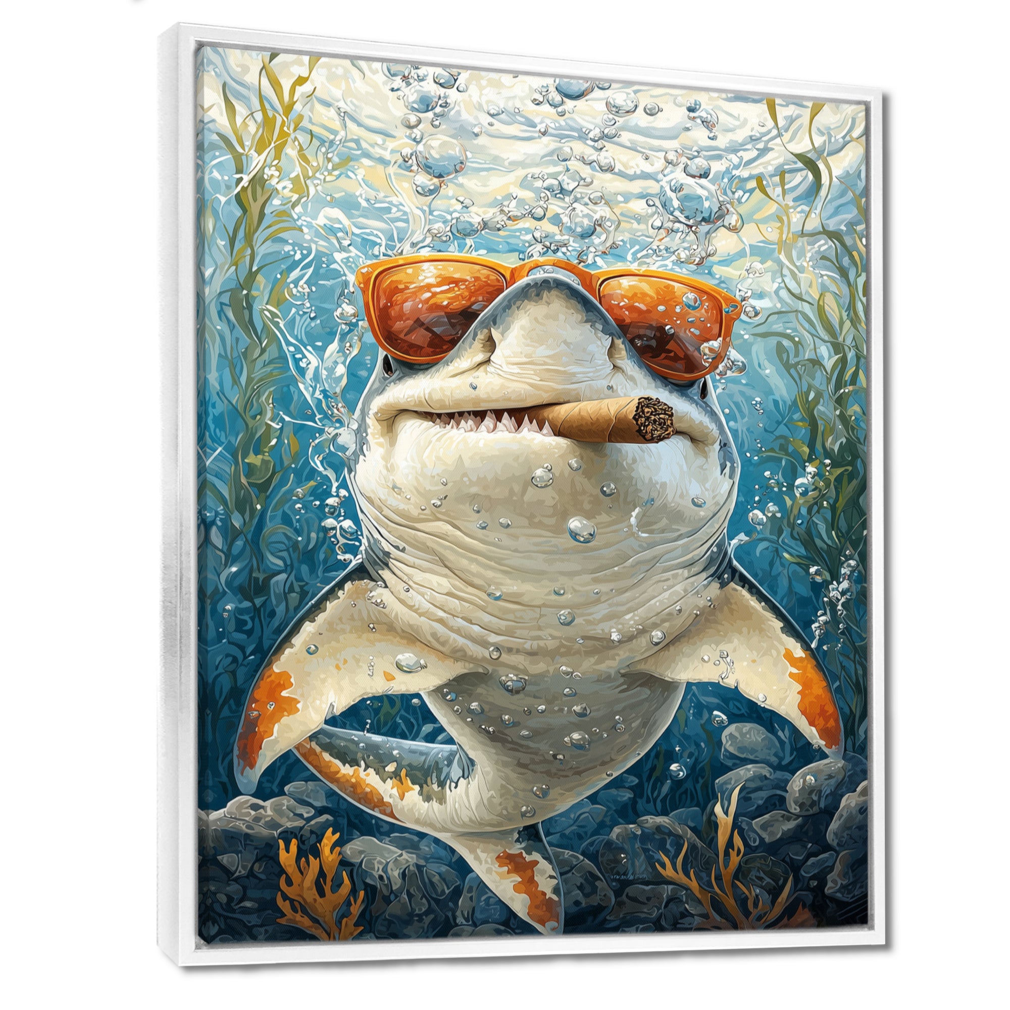 Orange Shark with Glasses In The Ocean - Shark Wall Decor