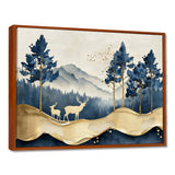 Golden Deer In Pine Tree Misty Mountain - Gold Deer Wall Art