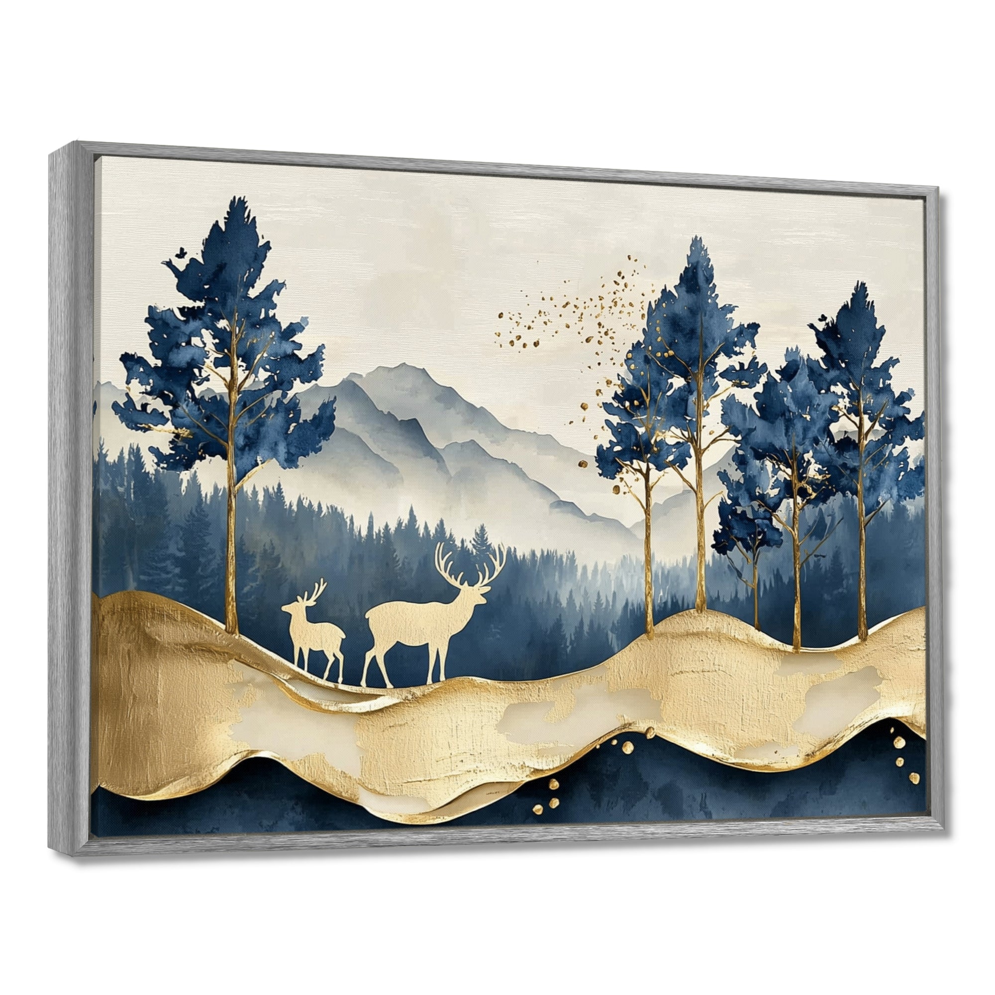 Golden Deer In Pine Tree Misty Mountain - Gold Deer Wall Art