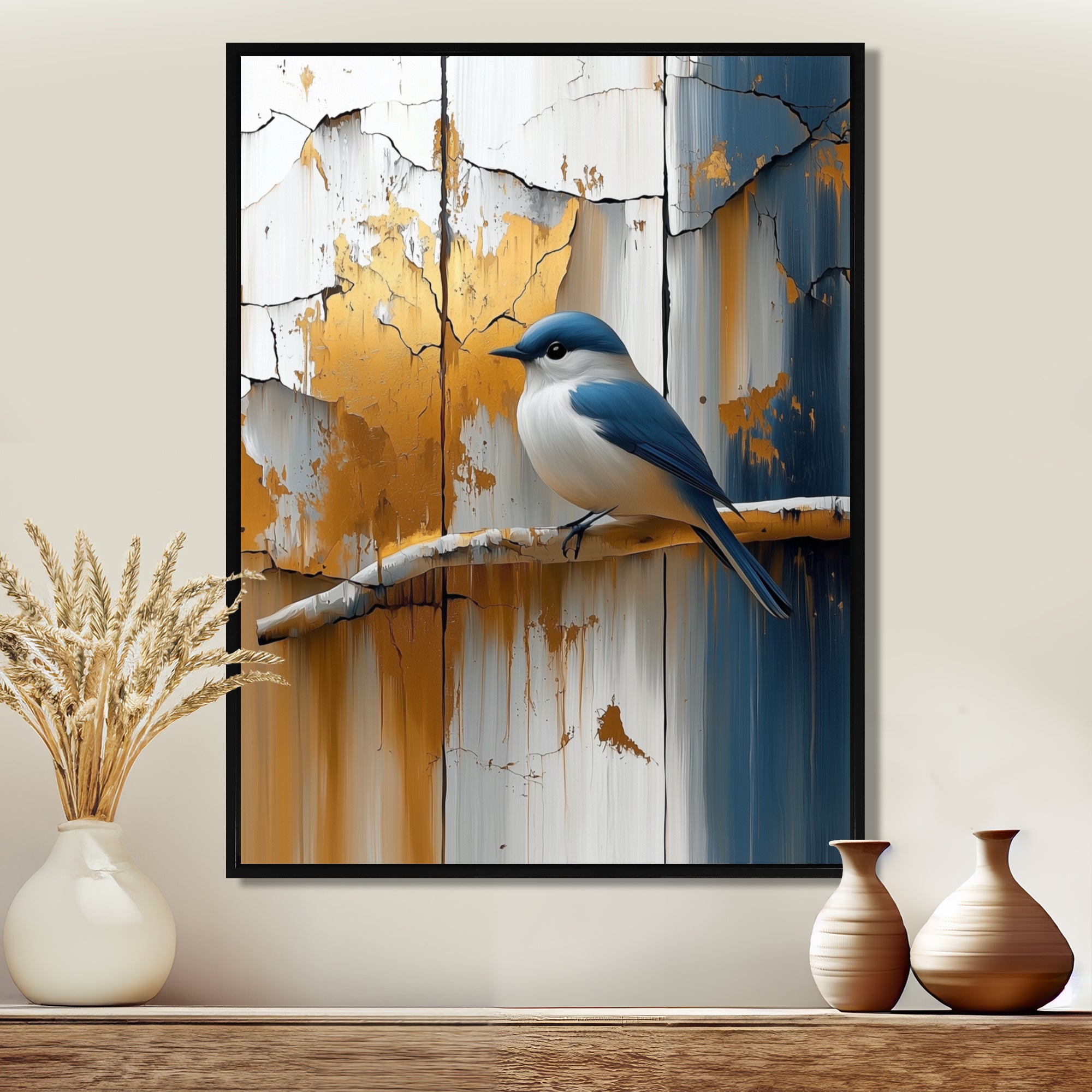 Gold And Blue Bird Rustic Charm - Bird Large Canvas Wall Art
