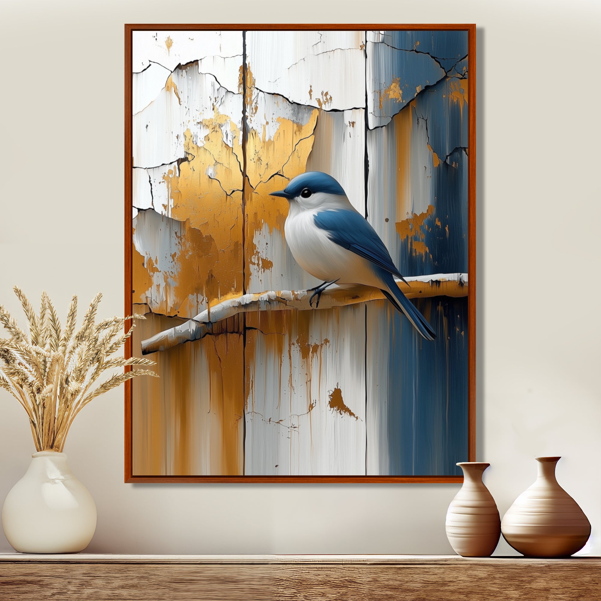 Gold And Blue Bird Rustic Charm - Bird Large Canvas Wall Art
