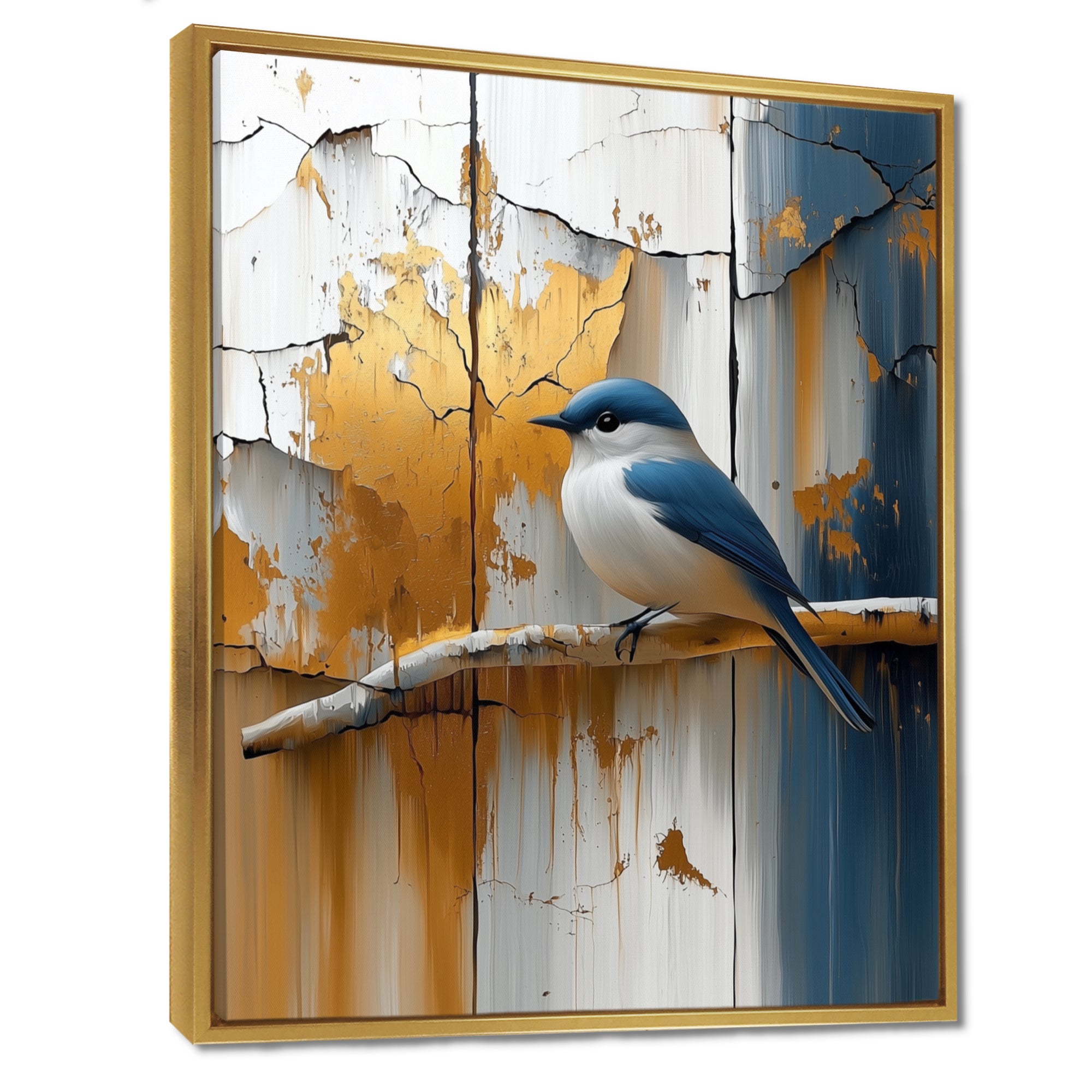 Gold And Blue Bird Rustic Charm - Bird Large Canvas Wall Art