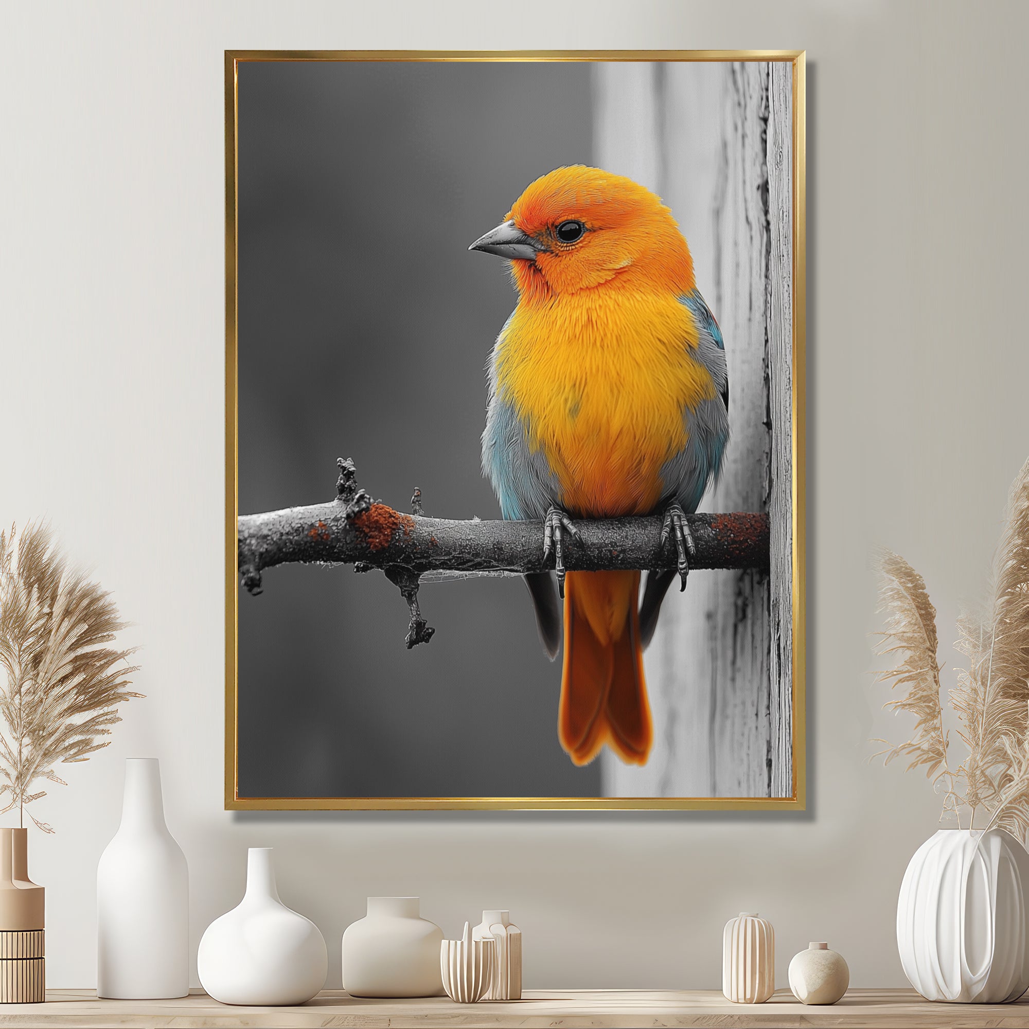 Yellow Chickadee's Bird House Branch - Bird House Home Decor Art