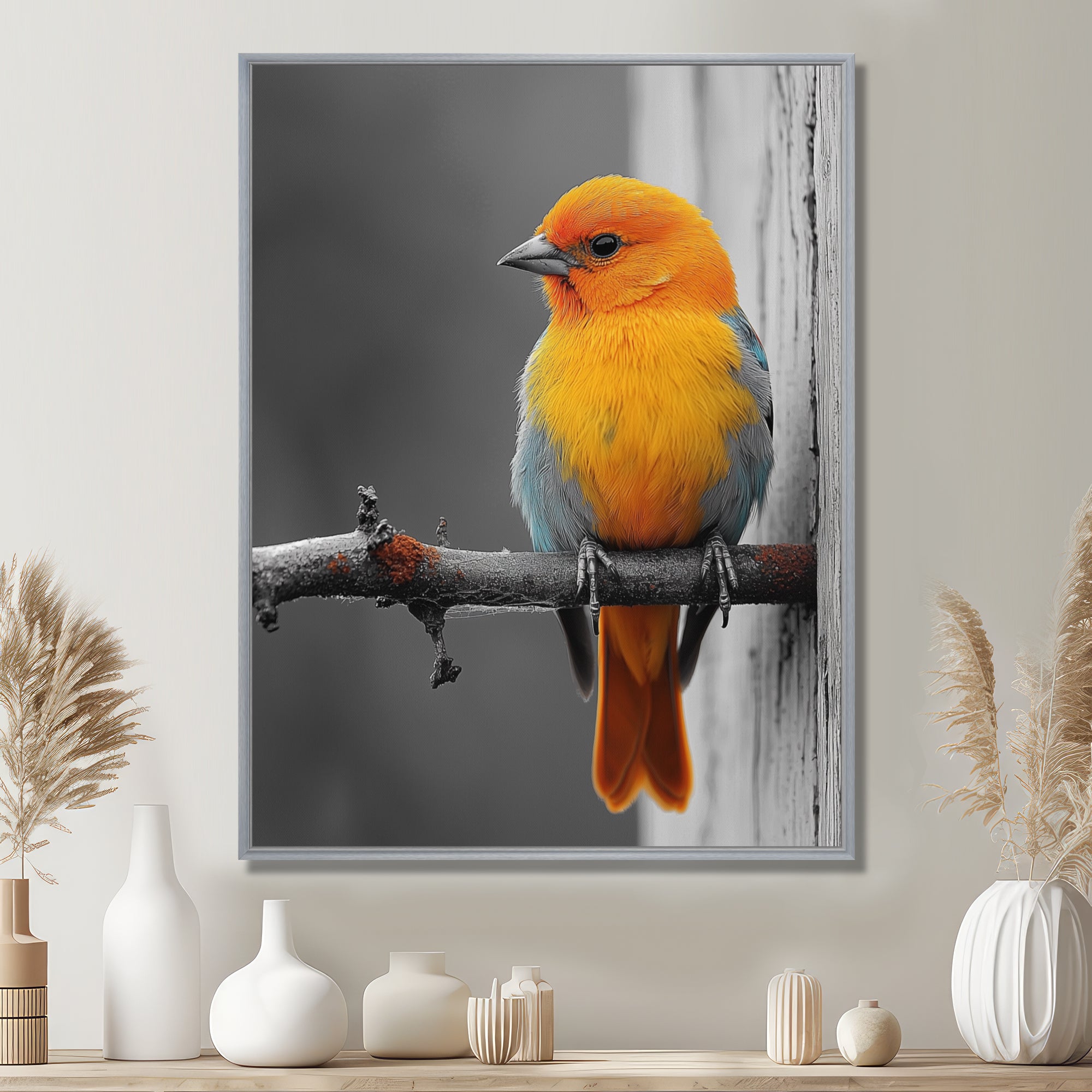 Yellow Chickadee's Bird House Branch - Bird House Home Decor Art