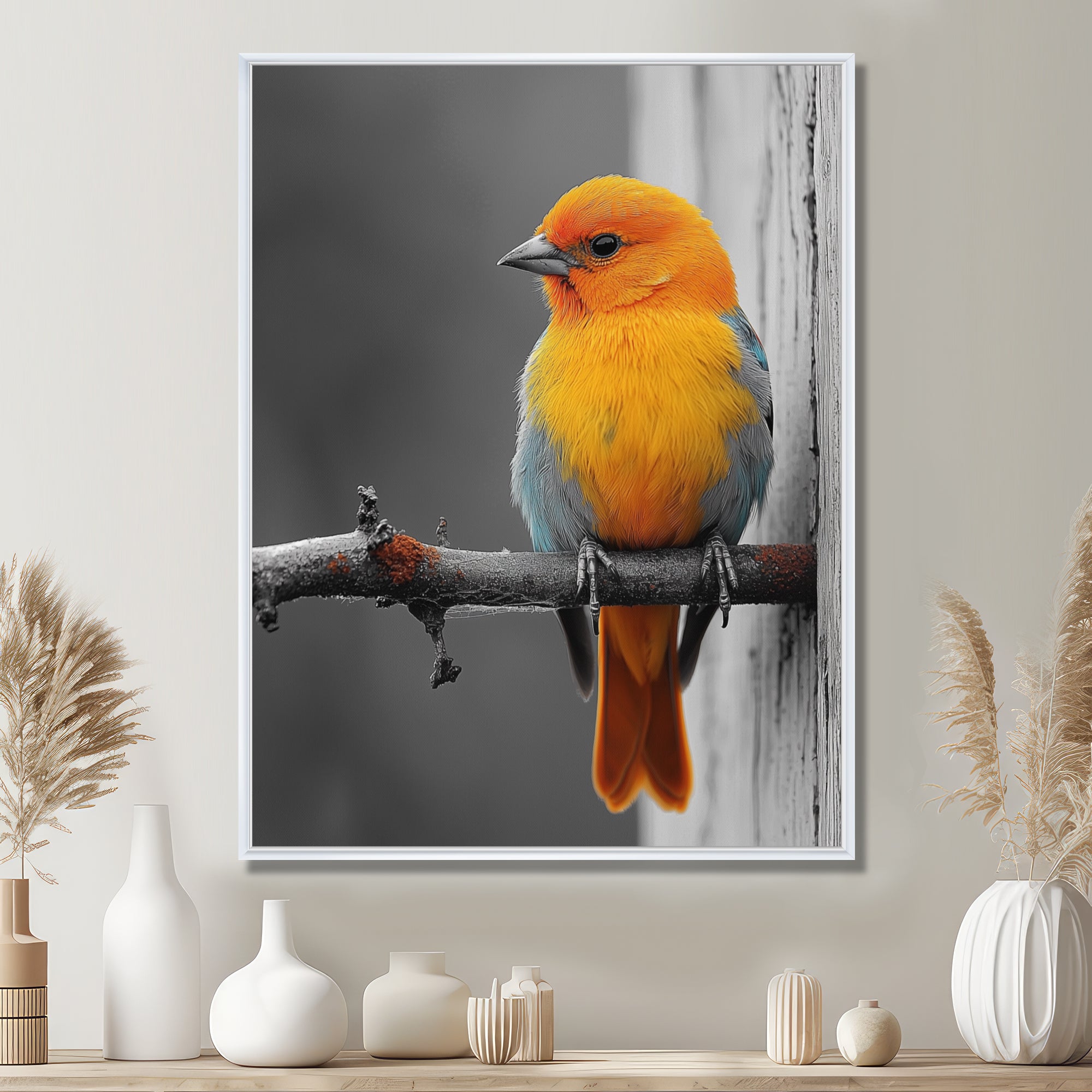 Yellow Chickadee's Bird House Branch - Bird House Home Decor Art